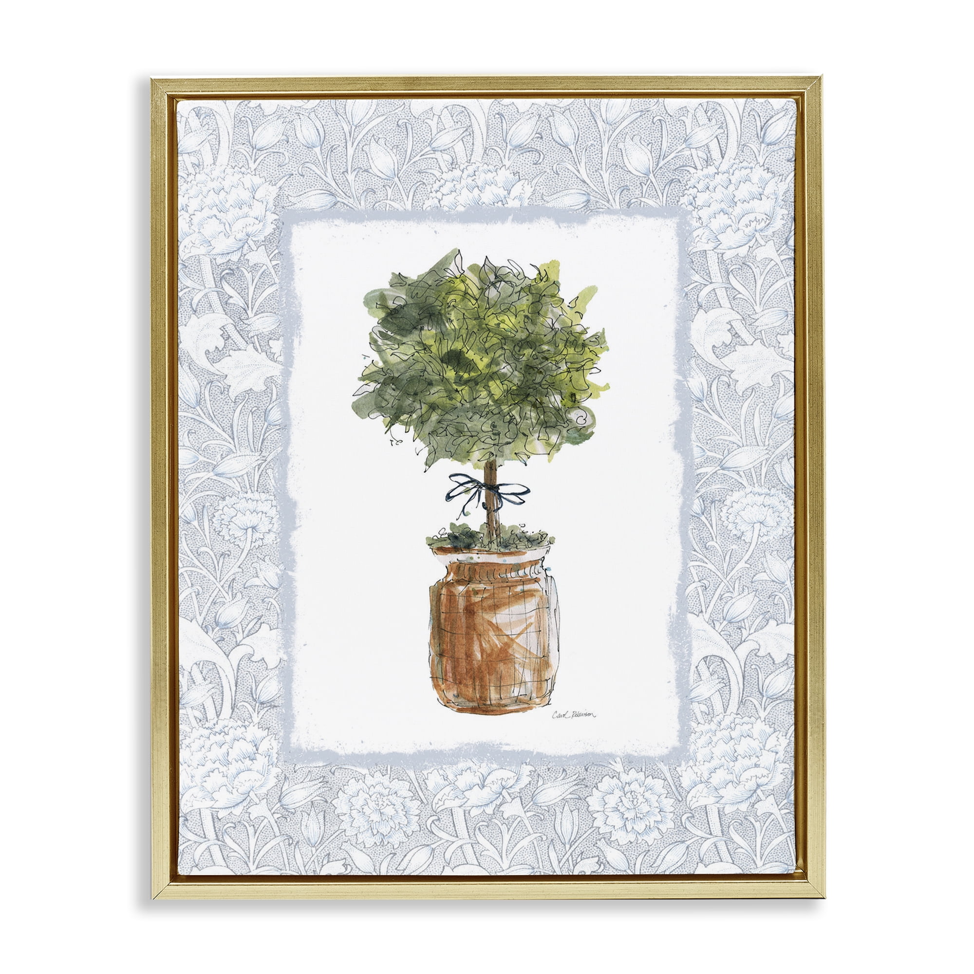 Stupell Industries Potted Topiary with Ribbon Gold Framed Floater Canvas Wall Art, design by Carol Robinson