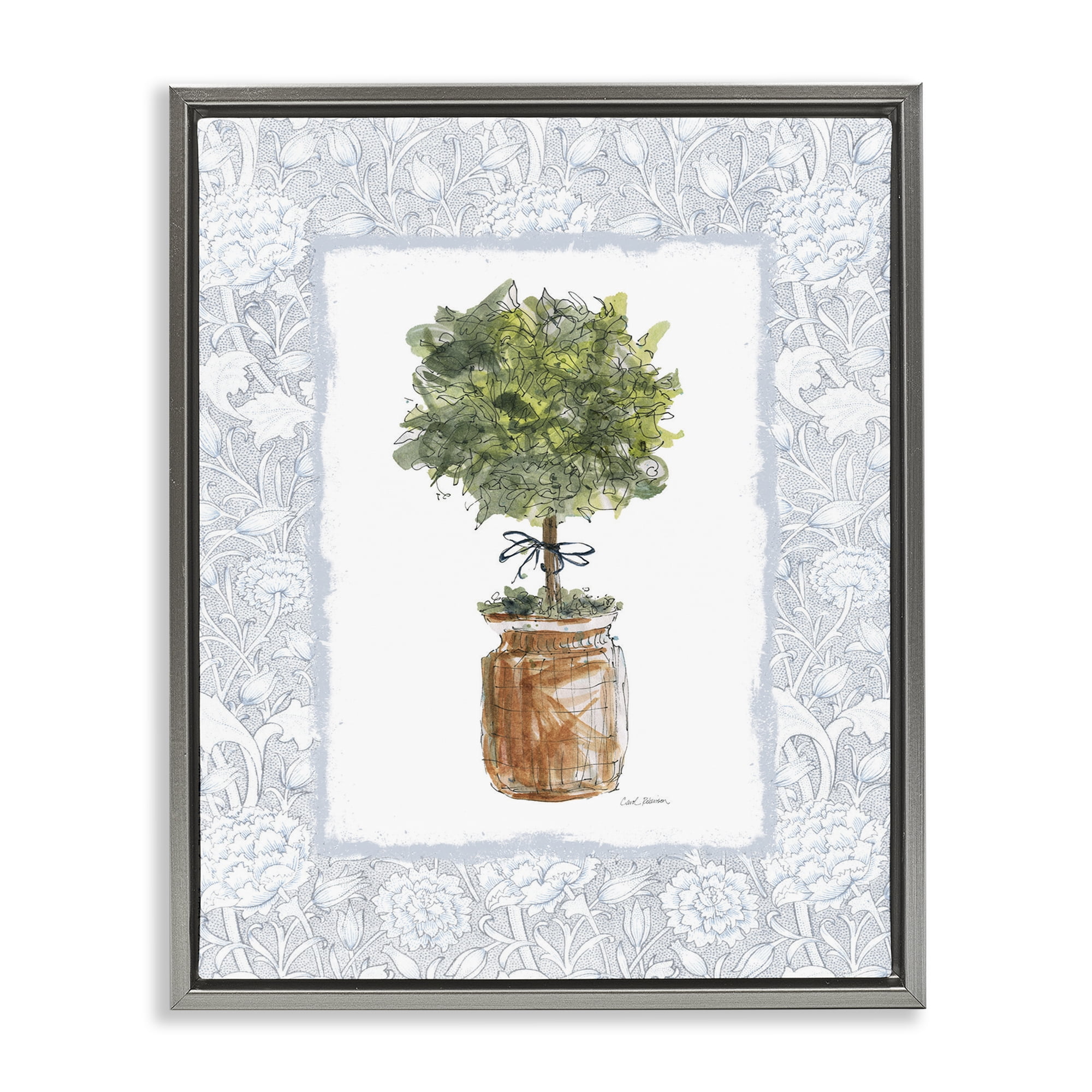 Stupell Industries Potted Topiary with Ribbon Gray Framed Floater Canvas Wall Art, design by Carol Robinson