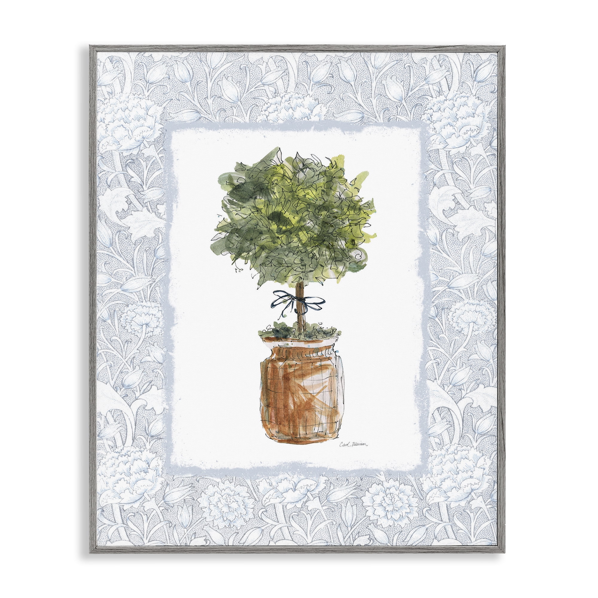 Stupell Industries Potted Topiary with Ribbon Gray Framed Giclee Art, design by Carol Robinson