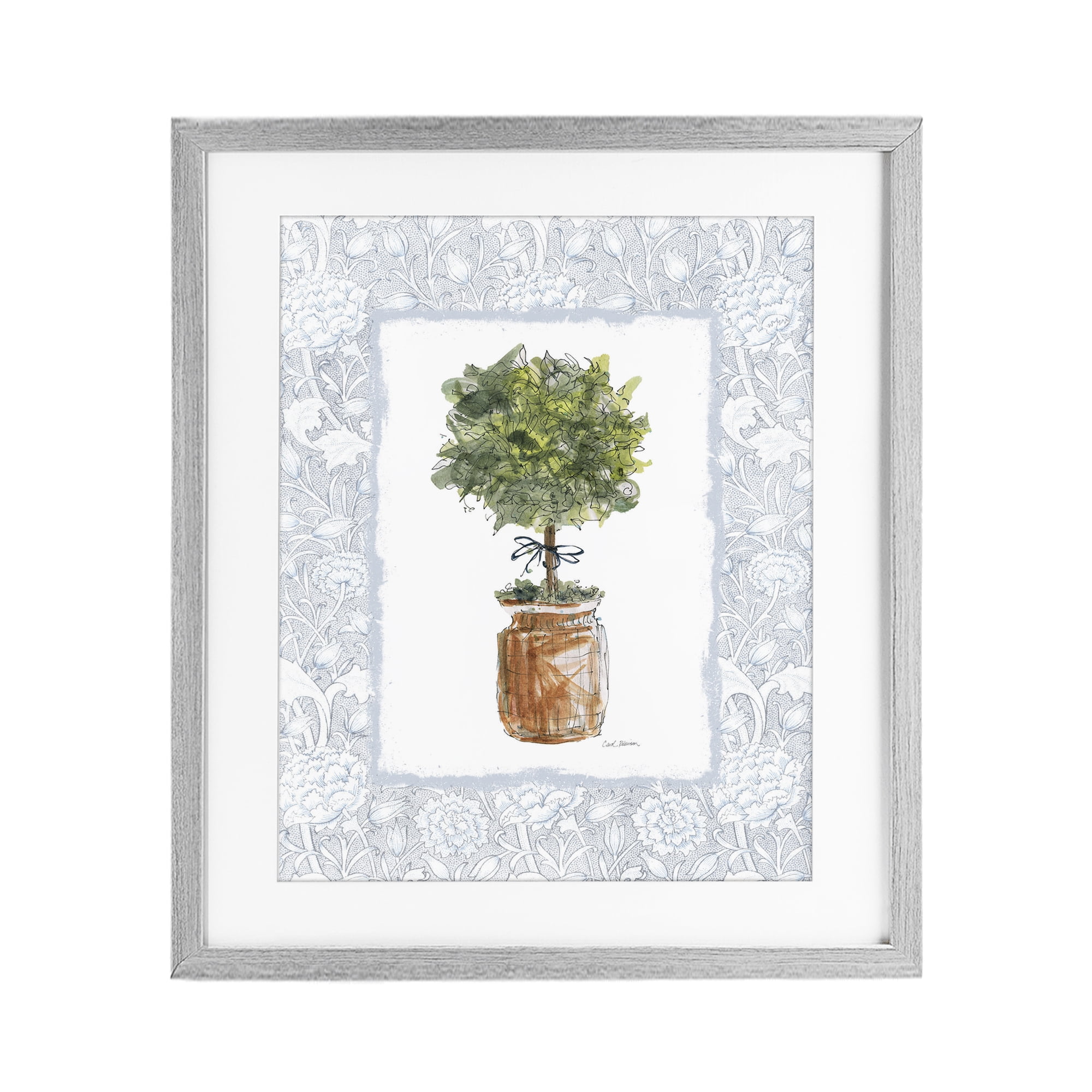 Stupell Industries Potted Topiary with Ribbon Gray Framed Print Under Glass, design by Carol Robinson