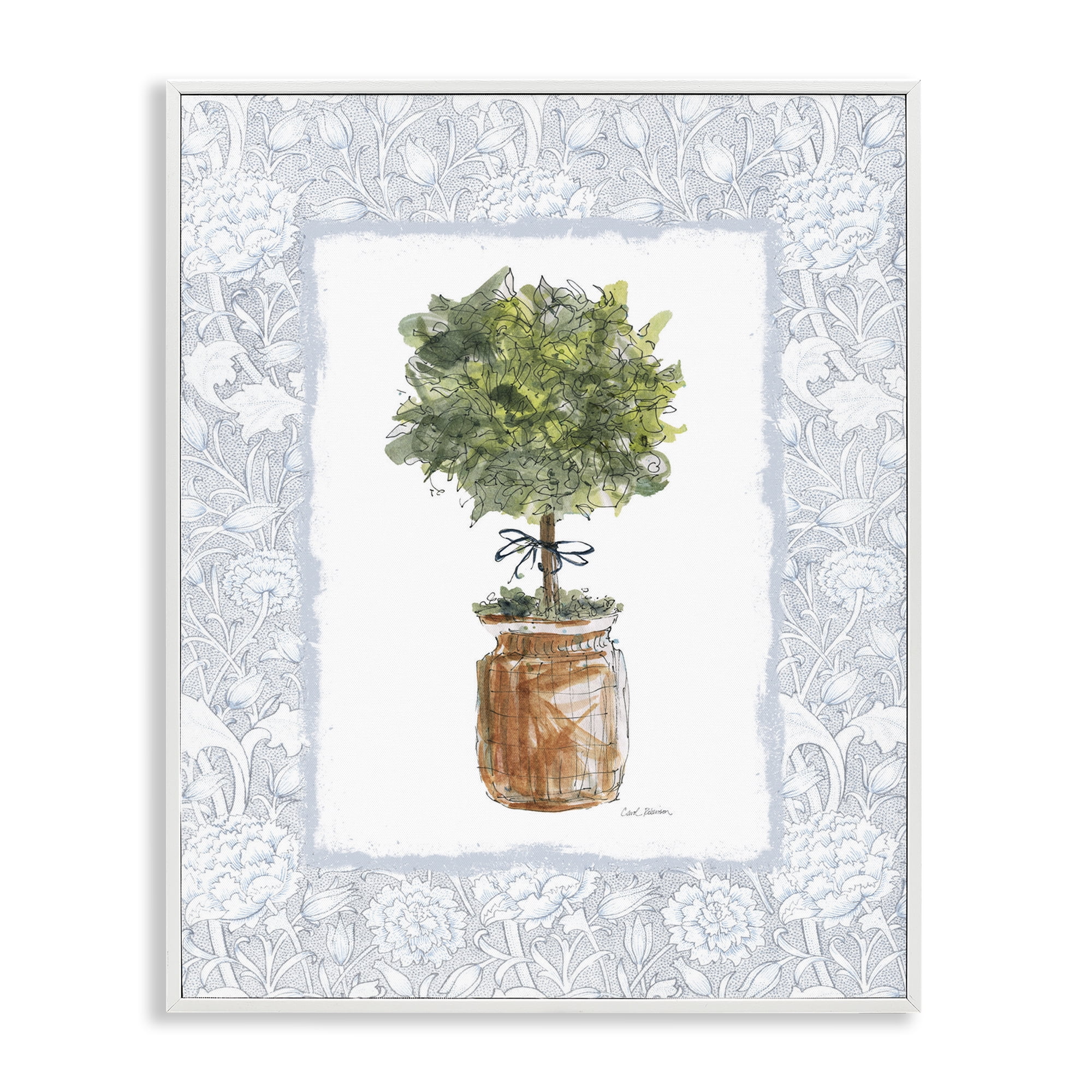 Stupell Industries Potted Topiary with Ribbon White Framed Giclee Art, design by Carol Robinson