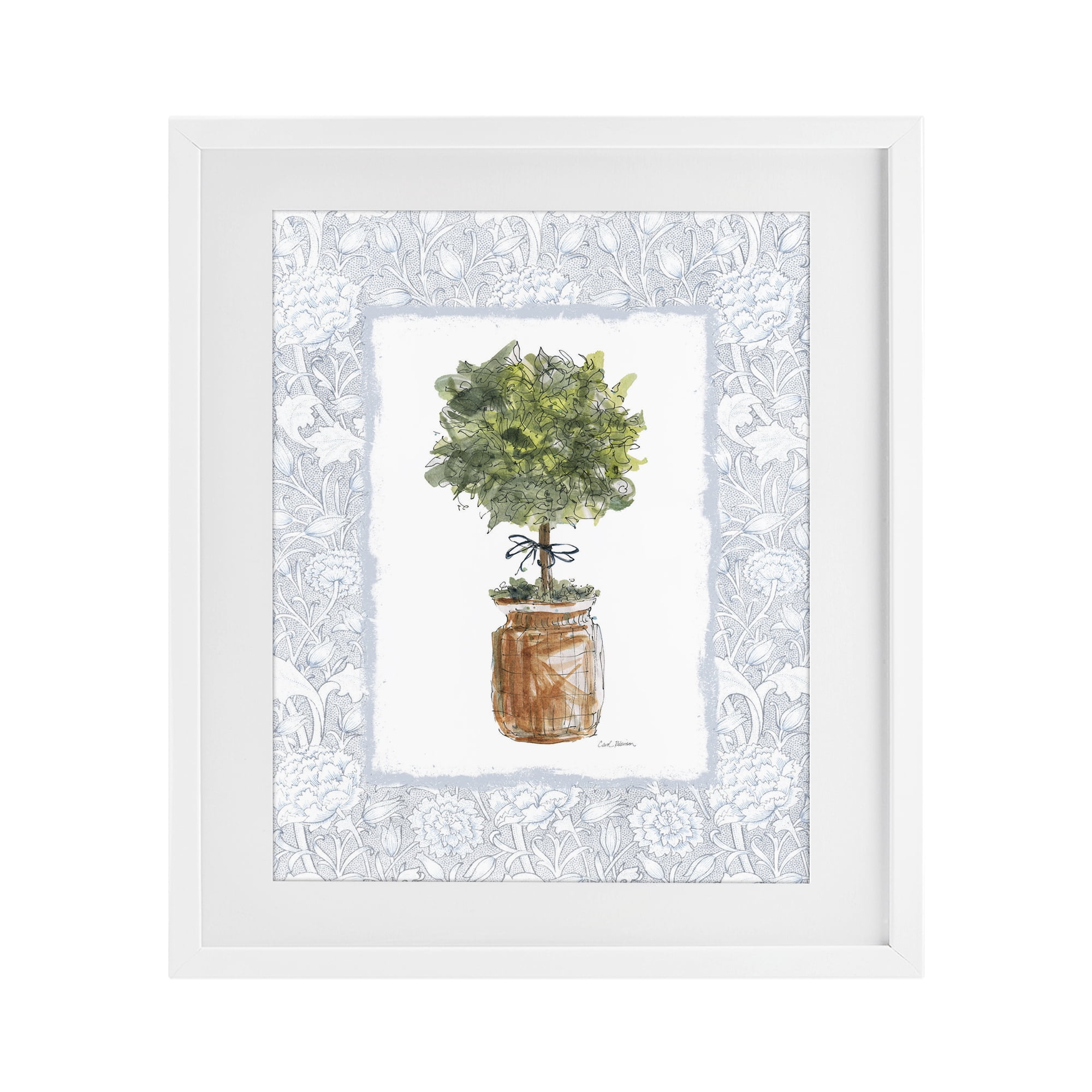 Stupell Industries Potted Topiary with Ribbon White Framed Print Under Glass, design by Carol Robinson