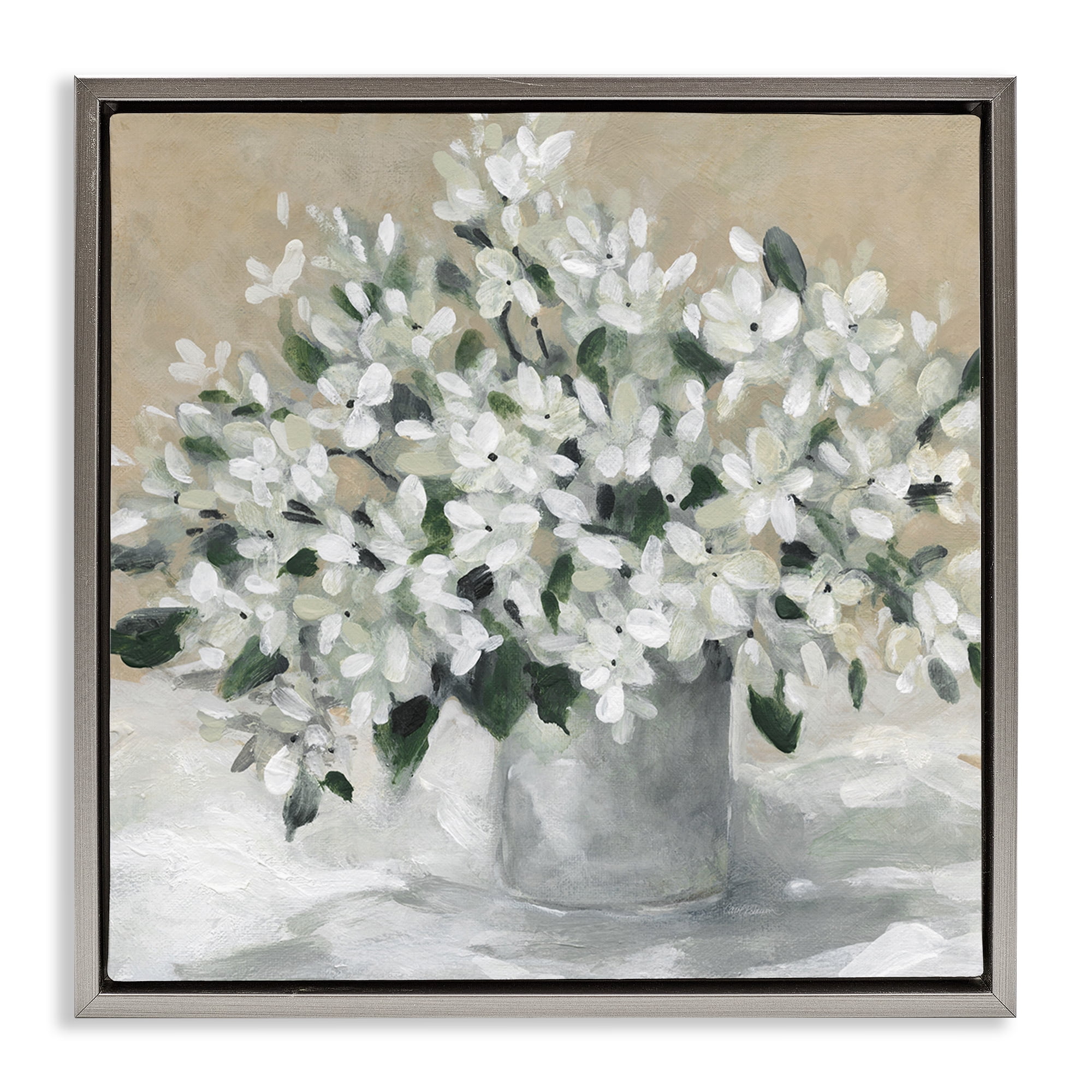 Stupell Industries Potted White Blooms Botanical & Floral Painting Gray Floater Framed Art Print Wall Art, 18 x 18