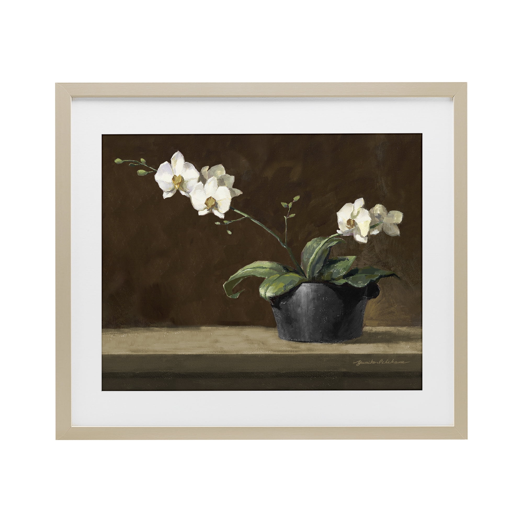 Stupell Industries Potted White Orchid on Ledge Birch Framed Print Under Glass, design by Yumiko Ichikawa