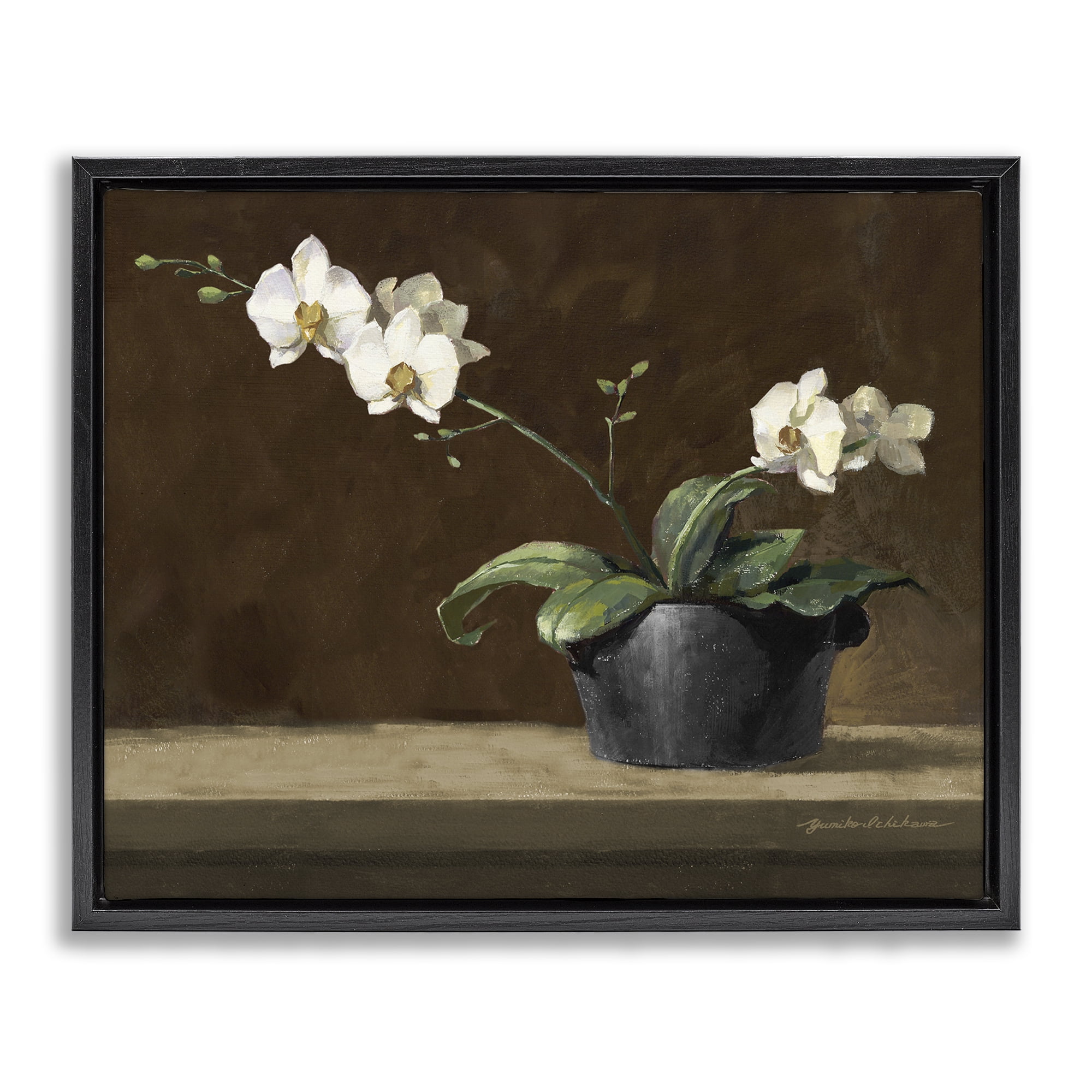 Stupell Industries Potted White Orchid on Ledge Black Framed Floater Canvas Wall Art, design by Yumiko Ichikawa