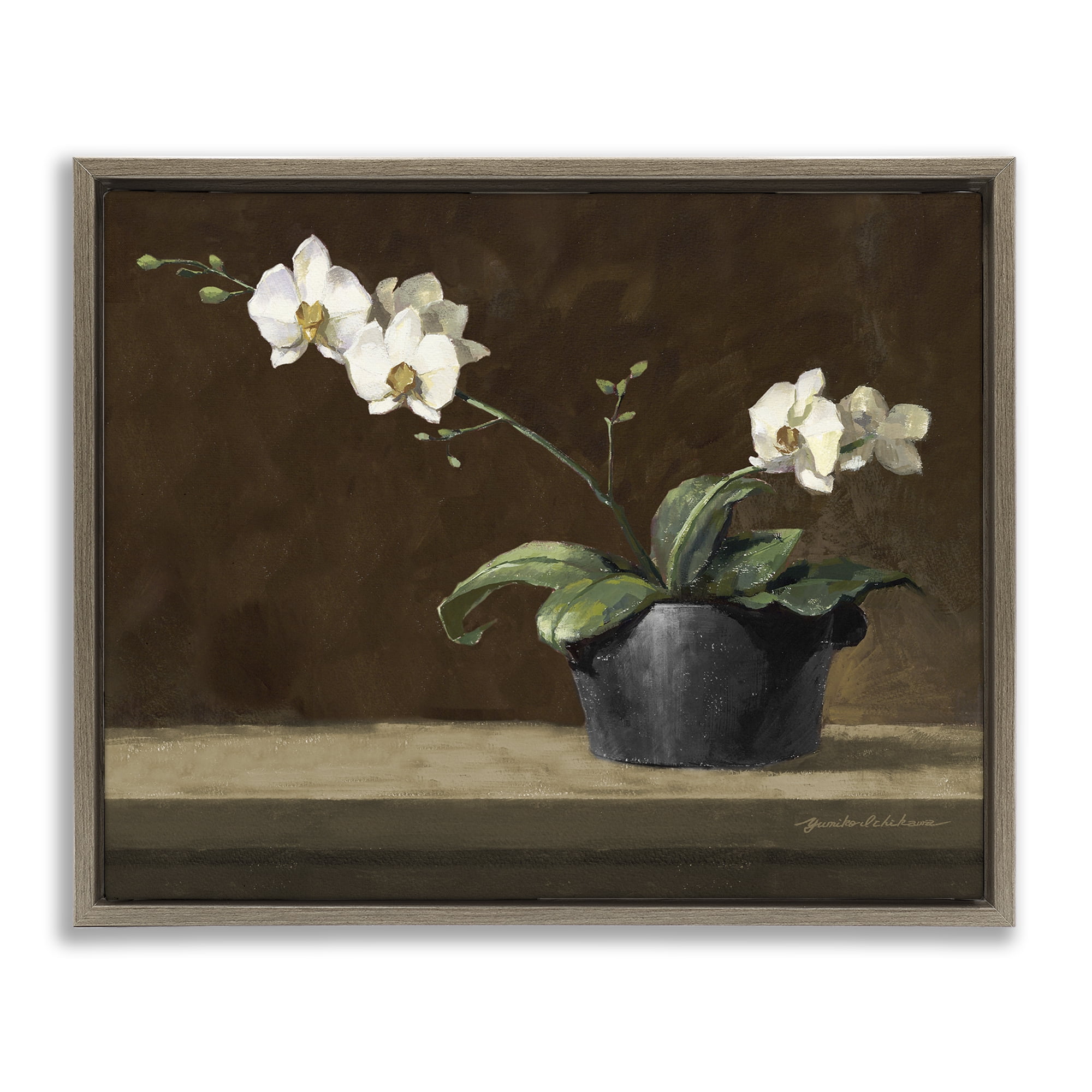 Stupell Industries Potted White Orchid on Ledge Brown Framed Floater Canvas Wall Art, design by Yumiko Ichikawa