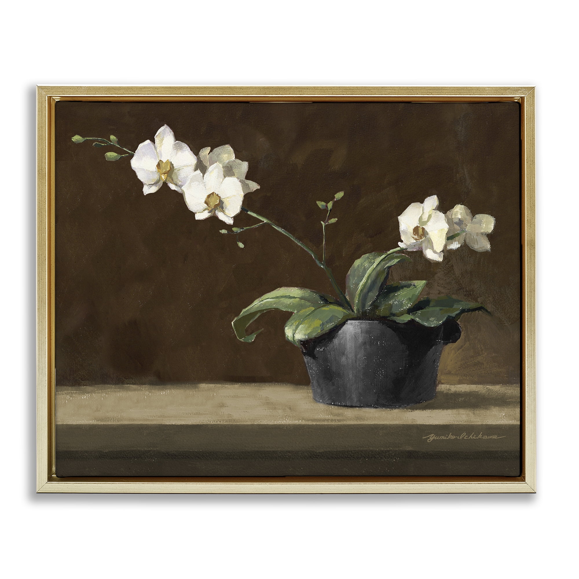 Stupell Industries Potted White Orchid on Ledge Gold Framed Floater Canvas Wall Art, design by Yumiko Ichikawa