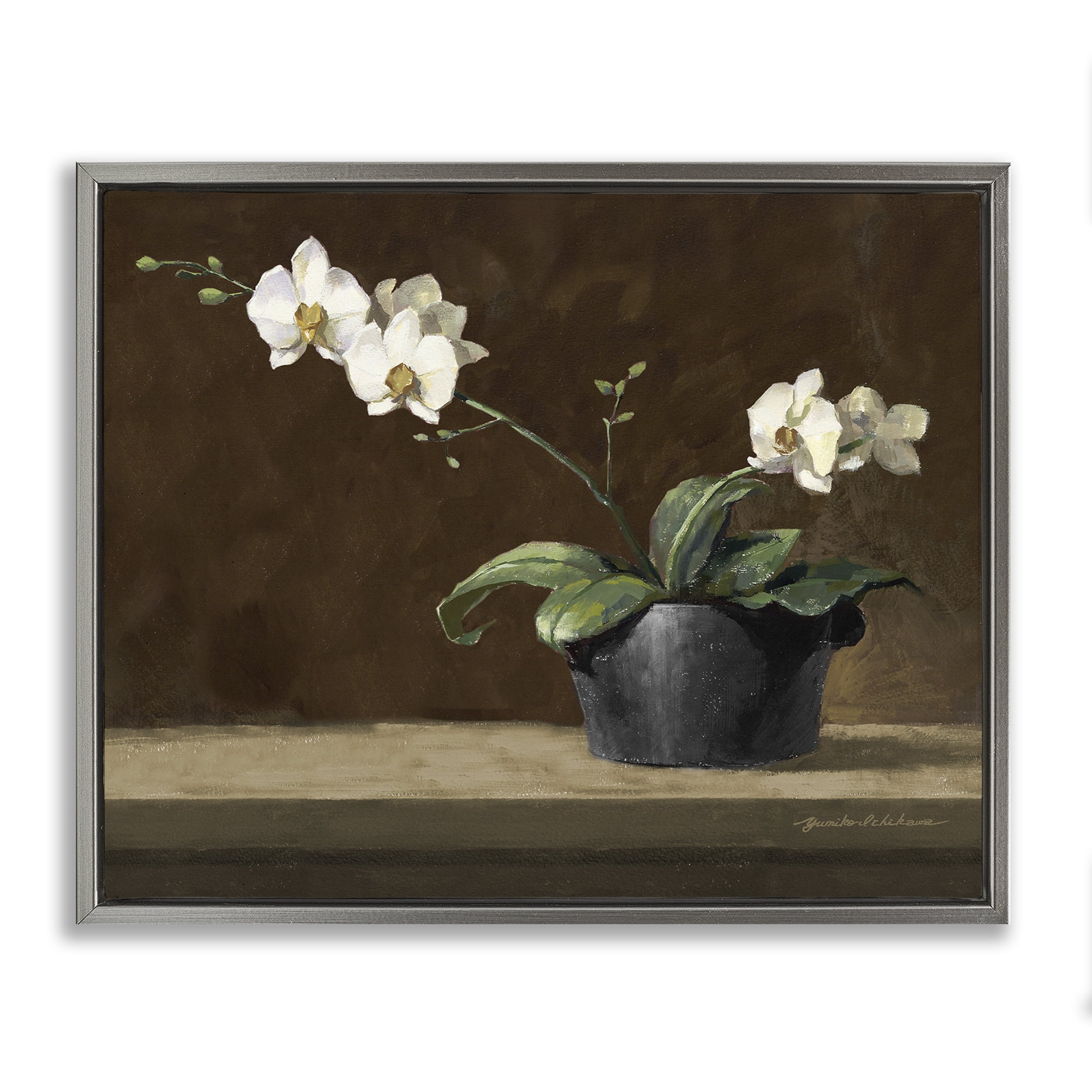 Stupell Industries Potted White Orchid on Ledge Gray Framed Floater Canvas Wall Art, design by Yumiko Ichikawa