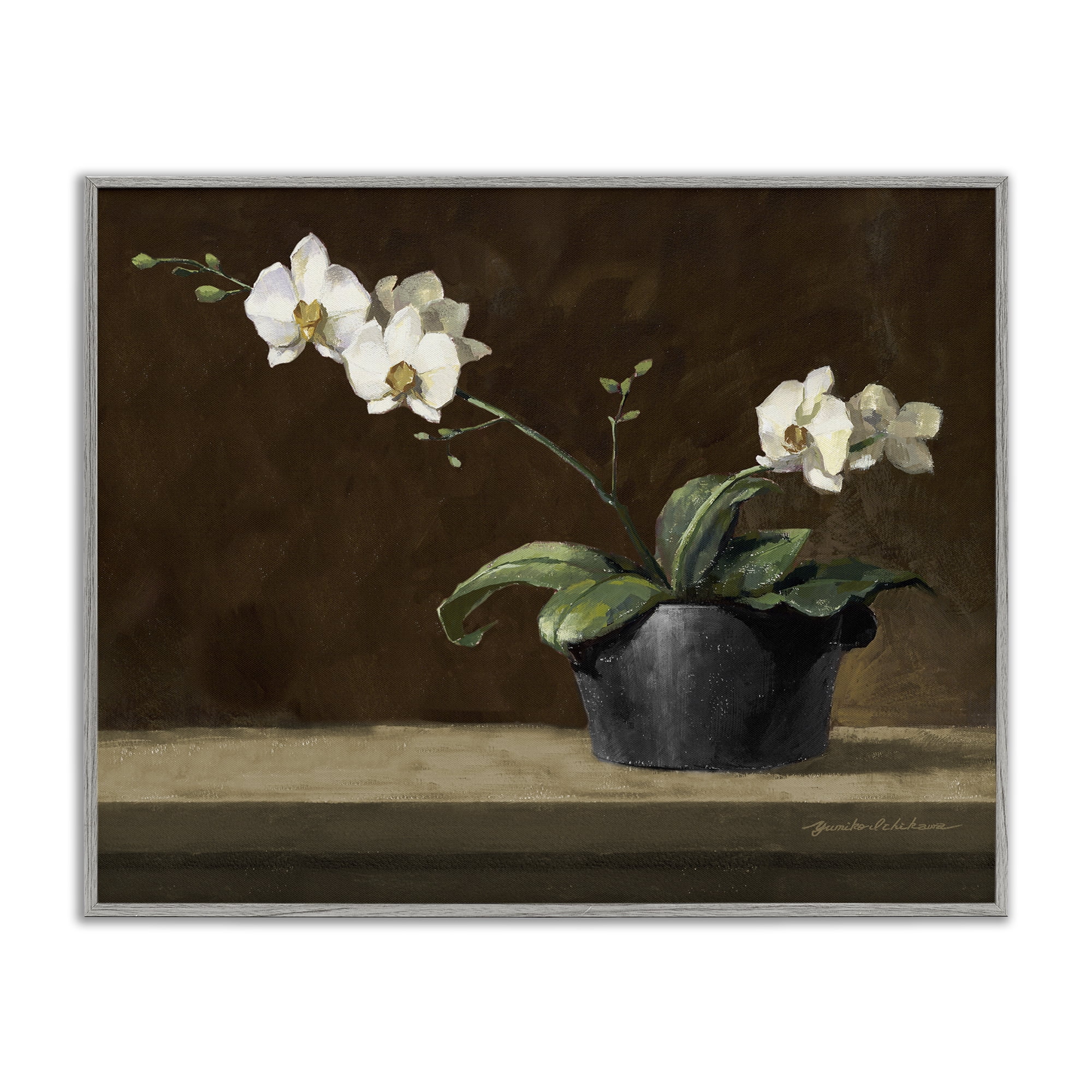 Stupell Industries Potted White Orchid on Ledge Gray Framed Giclee Art, design by Yumiko Ichikawa
