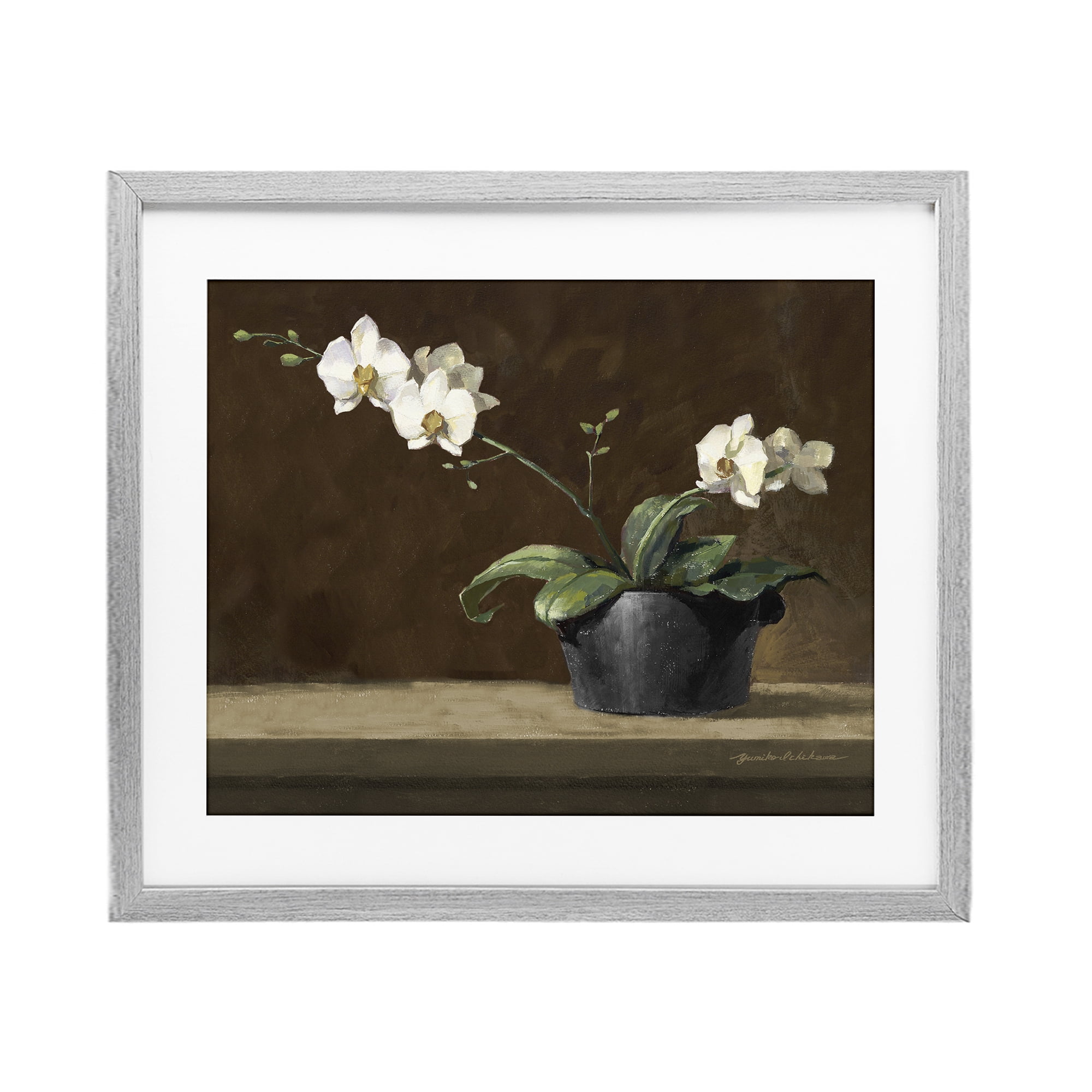 Stupell Industries Potted White Orchid on Ledge Gray Framed Print Under Glass, design by Yumiko Ichikawa