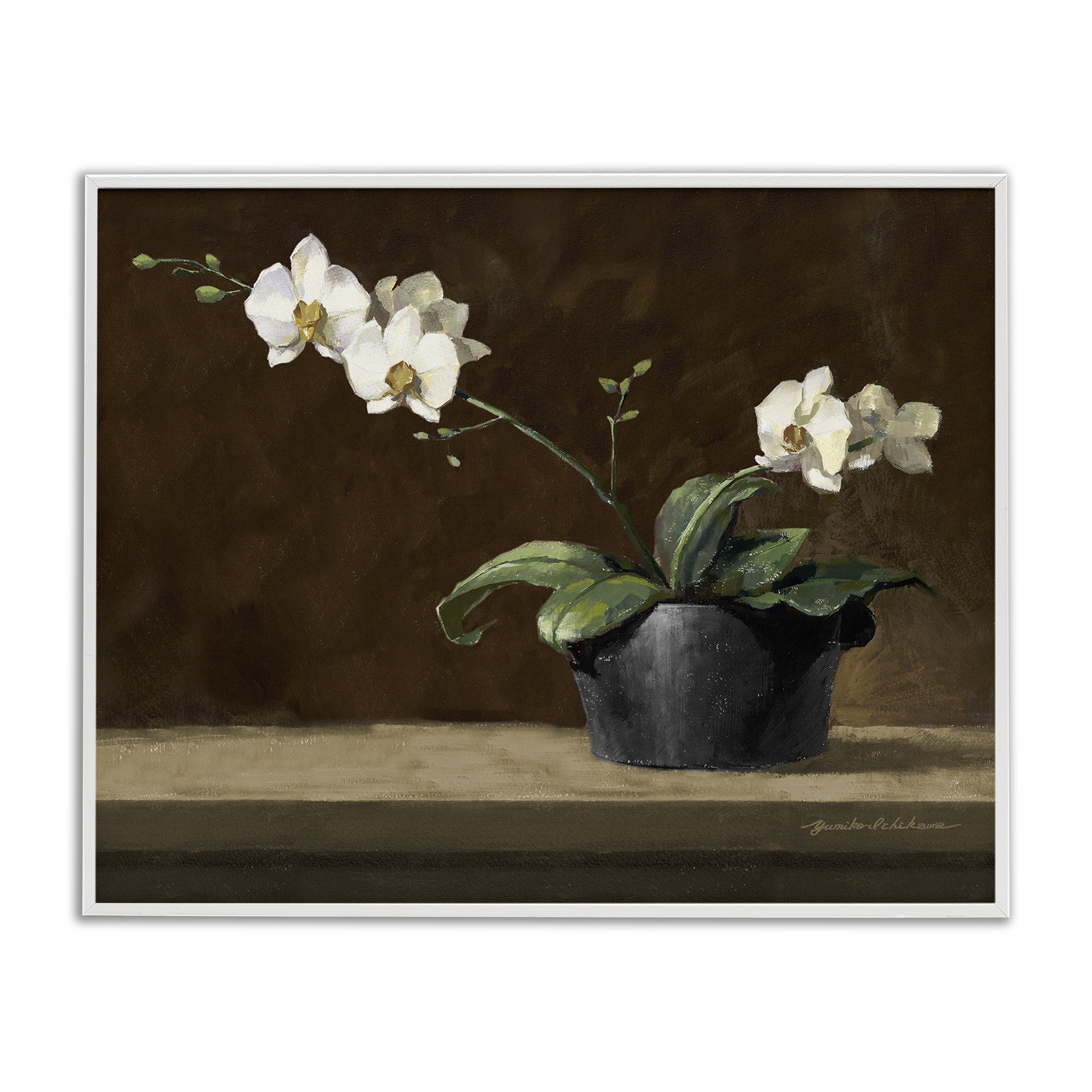 Stupell Industries Potted White Orchid on Ledge White Framed Giclee Art, design by Yumiko Ichikawa