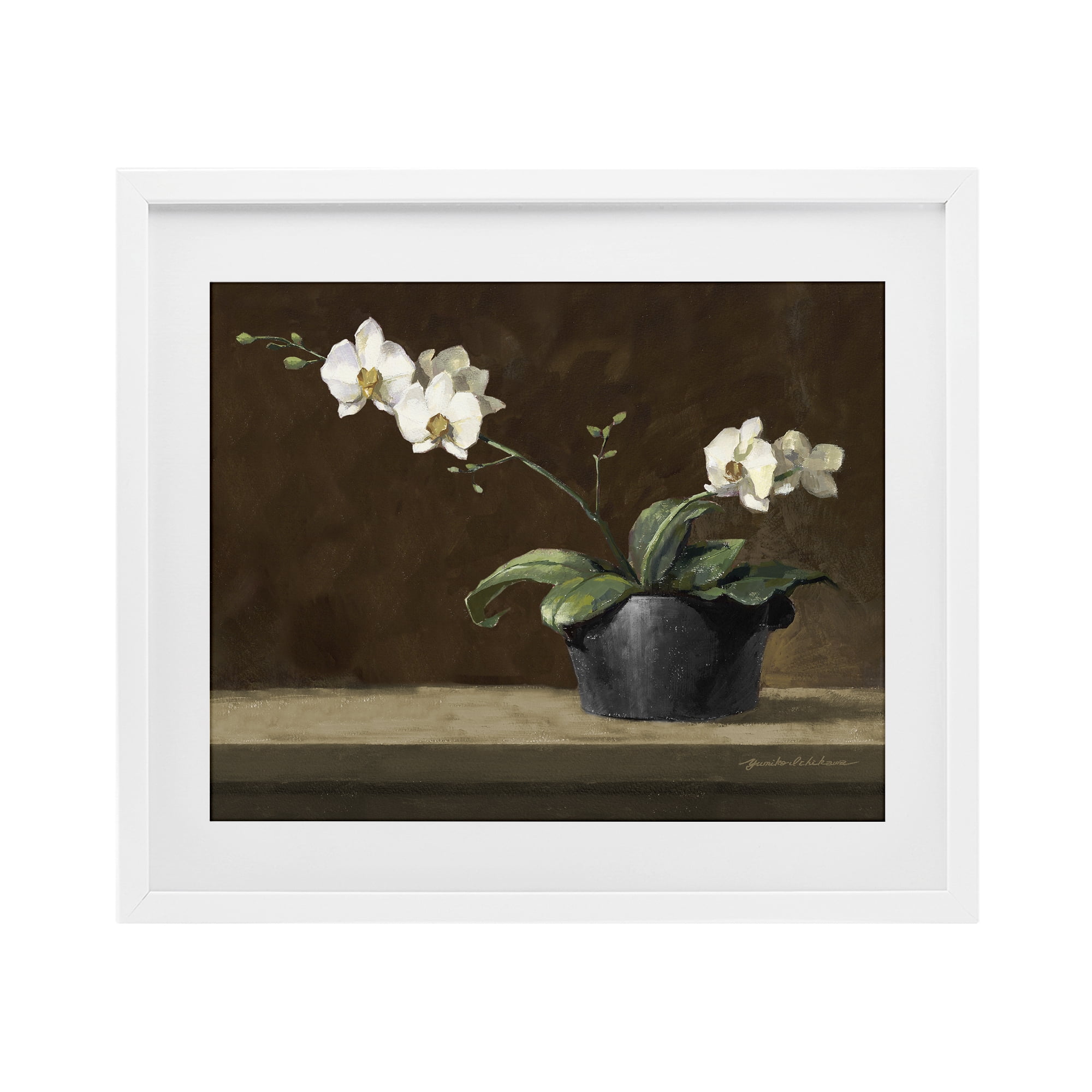 Stupell Industries Potted White Orchid on Ledge White Framed Print Under Glass, design by Yumiko Ichikawa
