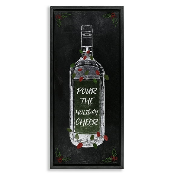 Stupell Industries Pour Holiday Cheer Bottle Holiday Painting Black Floater Framed Canvas Art Prints Wall Art, 11 x 25