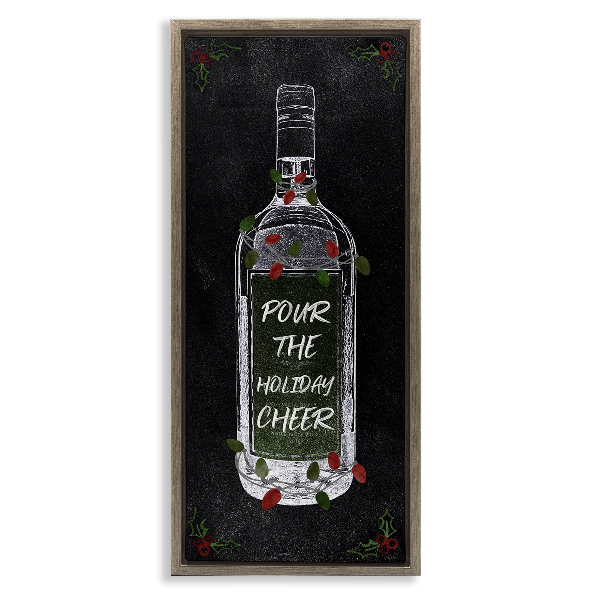 Stupell Industries Pour Holiday Cheer Bottle Holiday Painting Brown Floater Framed Canvas Art Prints Wall Art, 15 x 31