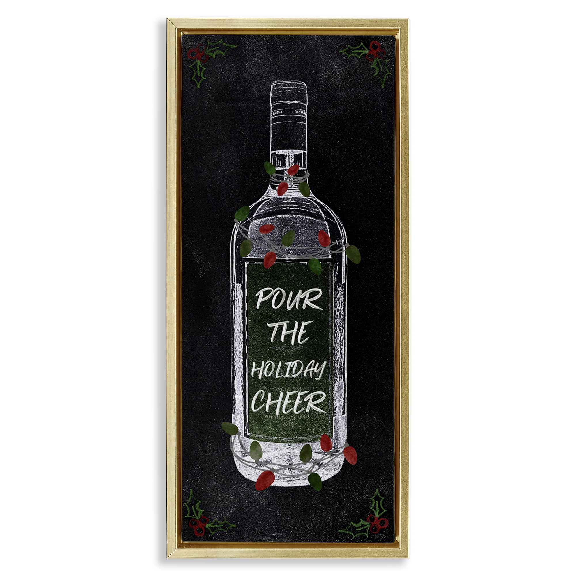 Stupell Industries Pour Holiday Cheer Bottle Holiday Painting Gold Floater Framed Canvas Art Prints Wall Art, 11 x 25