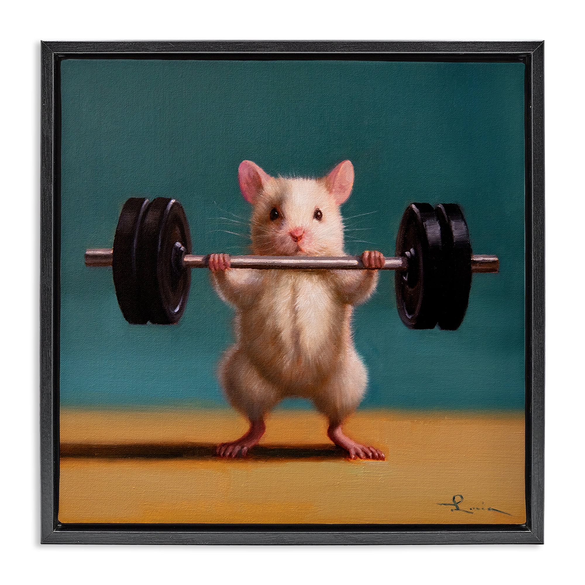 Stupell Industries Power Lifting Mouse Animals Painting Black Floater Framed Canvas Art Print Wall Art, 18 x 18