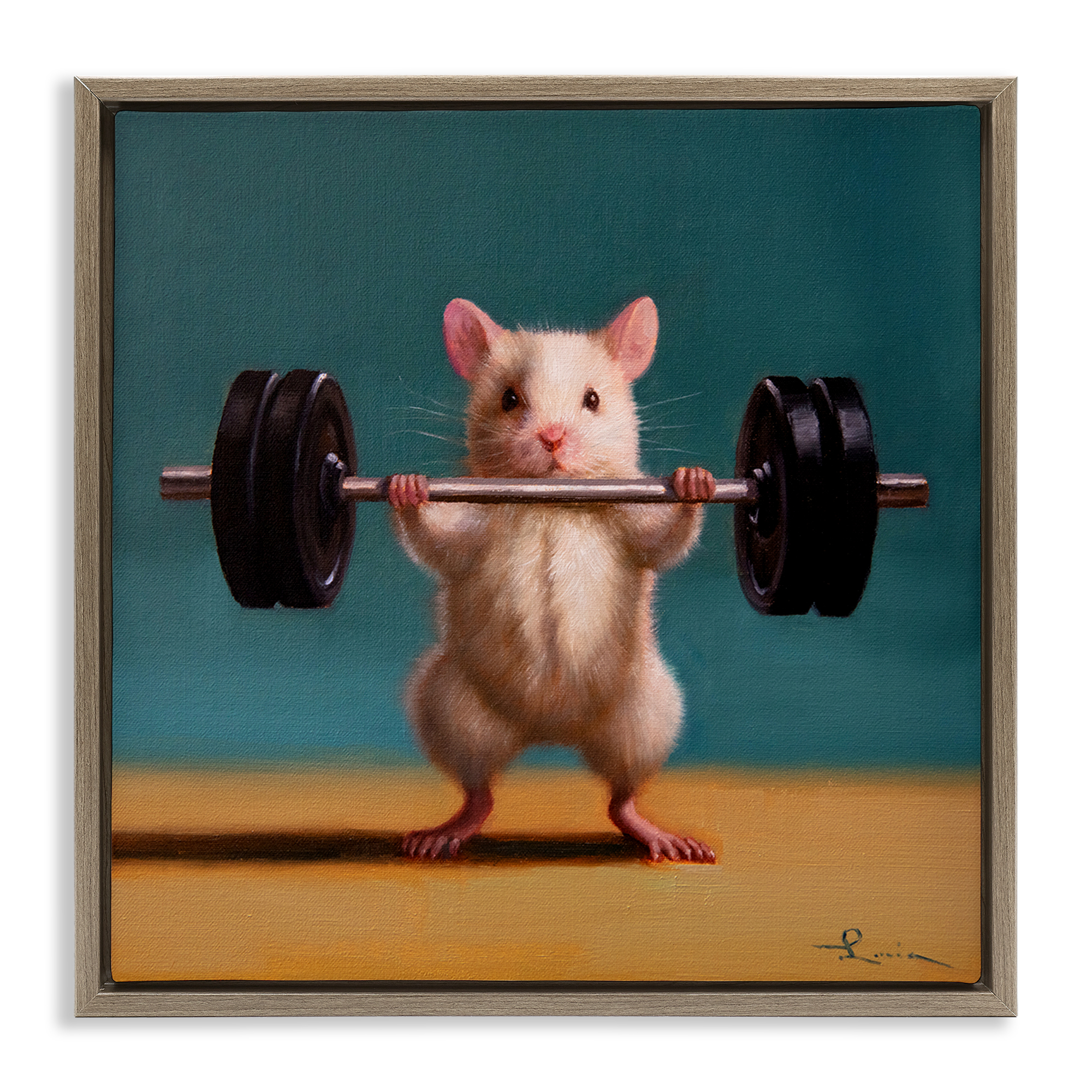 Stupell Industries Power Lifting Mouse Animals Painting Brown Floater Framed Canvas Art Print Wall Art, 25 x 25