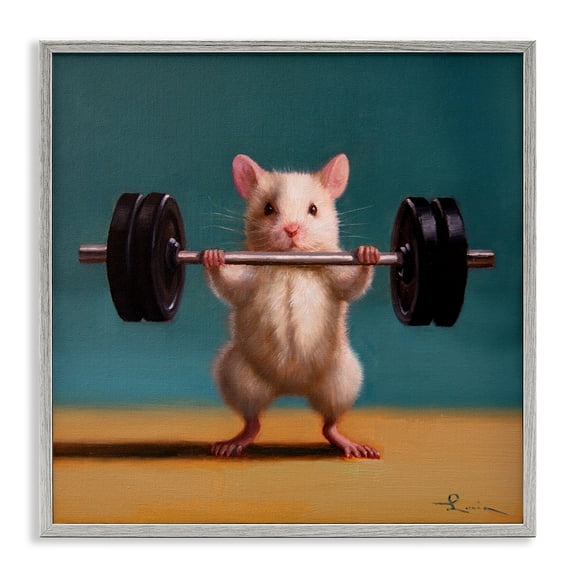 Stupell Industries Power Lifting Mouse Animals Painting Gray Framed Art Print Wall Art, 12 x 12