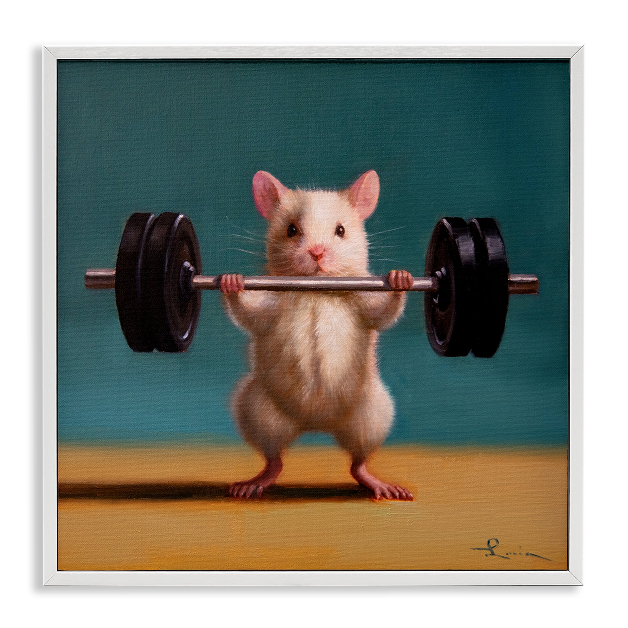 Stupell Industries Power Lifting Mouse Animals Painting White Framed Art Print Wall Art, 24 x 24