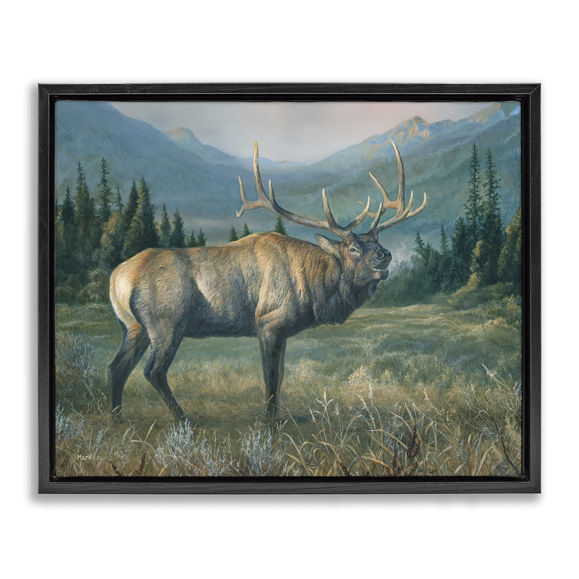 Stupell Industries Powerful Elk in Field Animals Painting Black Floater Framed Canvas Art Print Wall Art, 21 x 17