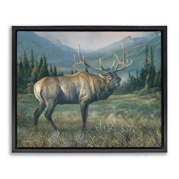 Stupell Industries Powerful Elk in Field Animals Painting Black Floater Framed Canvas Art Print Wall Art, 31 x 25