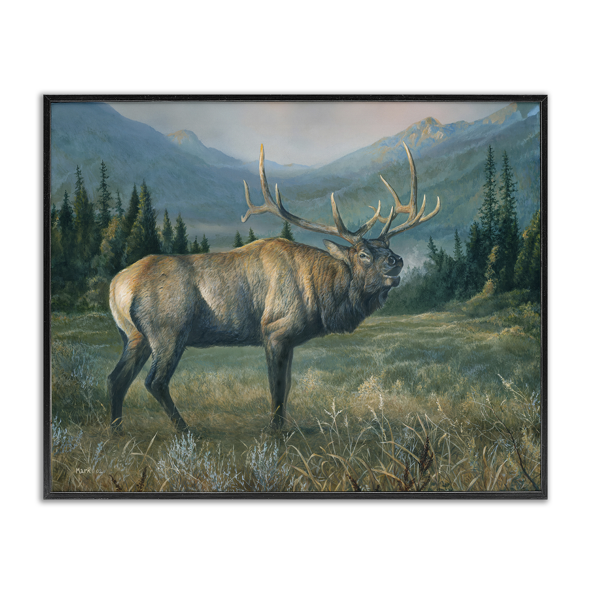 Stupell Industries Powerful Elk in Field Animals Painting Black Framed Art Print Wall Art, 30 x 24