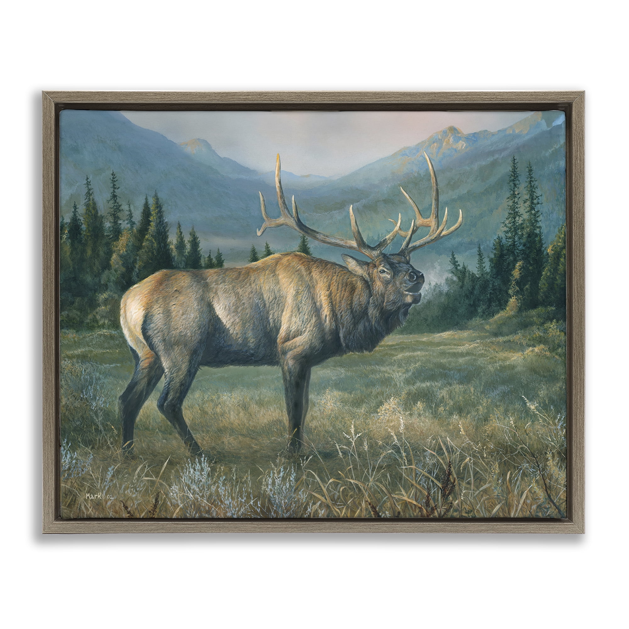Stupell Industries Powerful Elk in Field Animals Painting Brown Floater Framed Canvas Art Print Wall Art, 31 x 25