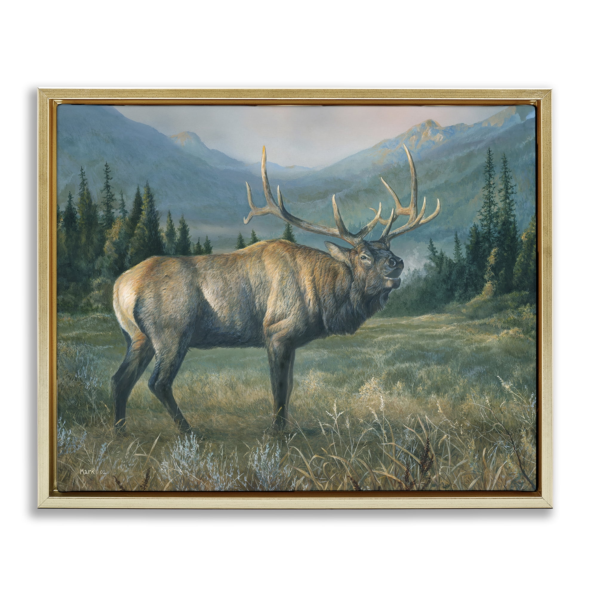 Stupell Industries Powerful Elk in Field Animals Painting Gold Floater Framed Canvas Art Print Wall Art, 21 x 17