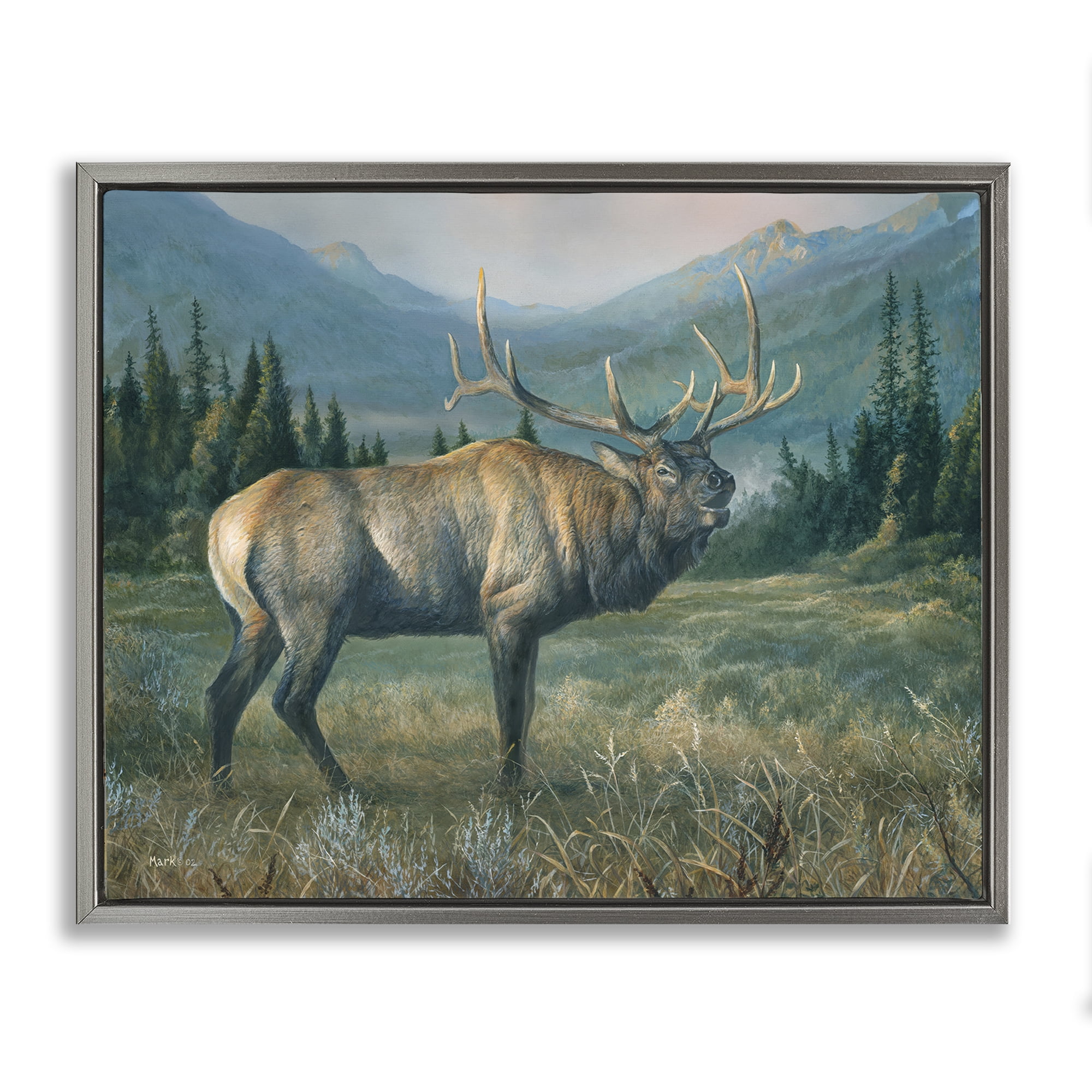 Stupell Industries Powerful Elk in Field Animals Painting Gray Floater Framed Canvas Art Print Wall Art, 21 x 17