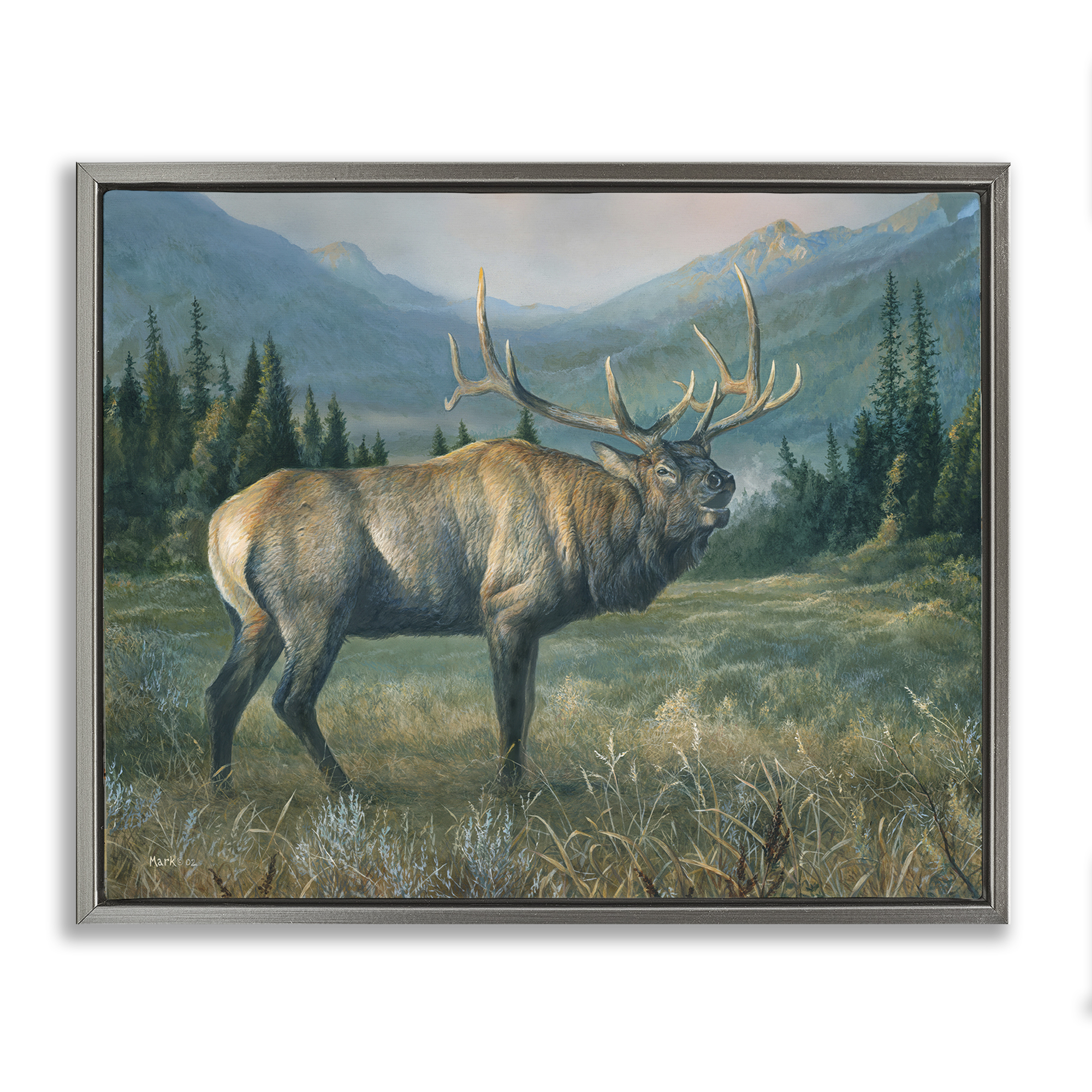 Stupell Industries Powerful Elk in Field Animals Painting Gray Floater Framed Canvas Art Print Wall Art, 31 x 25