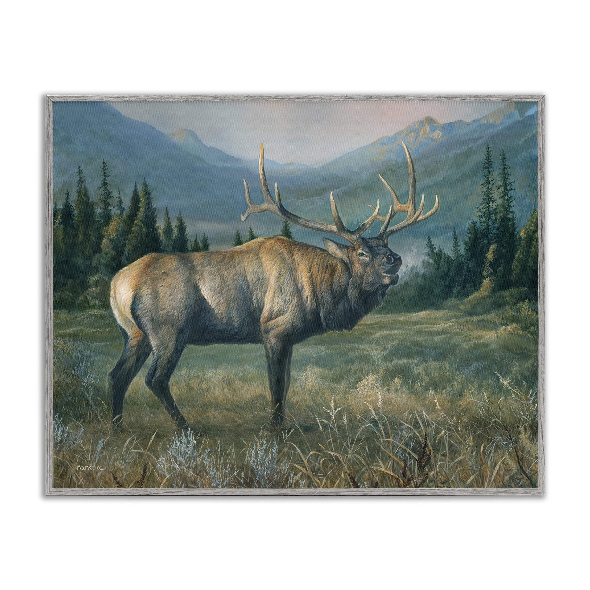 Stupell Industries Powerful Elk in Field Animals Painting Gray Framed Art Print Wall Art, 20 x 16