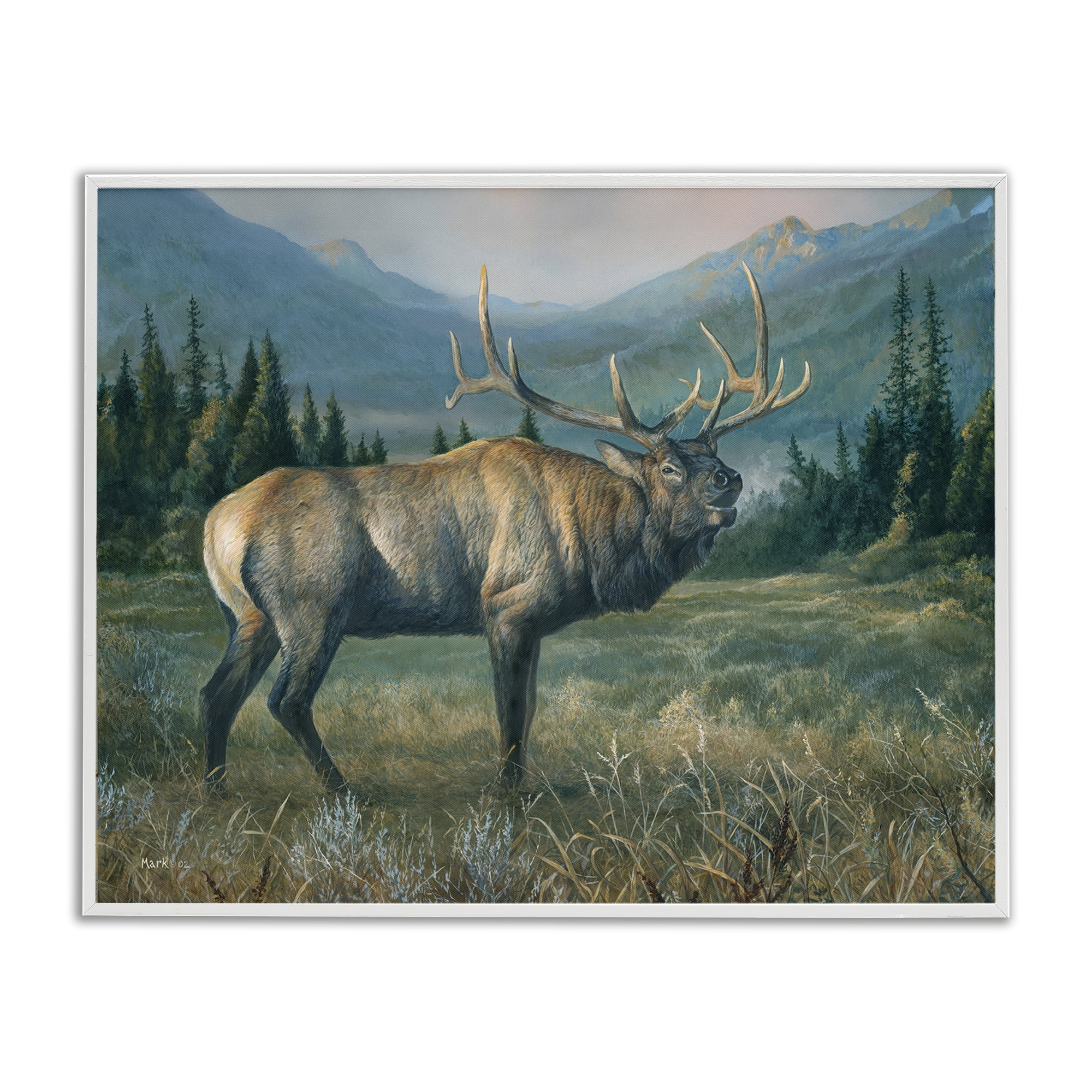 Stupell Industries Powerful Elk in Field Animals Painting White Framed Art Print Wall Art, 30 x 24