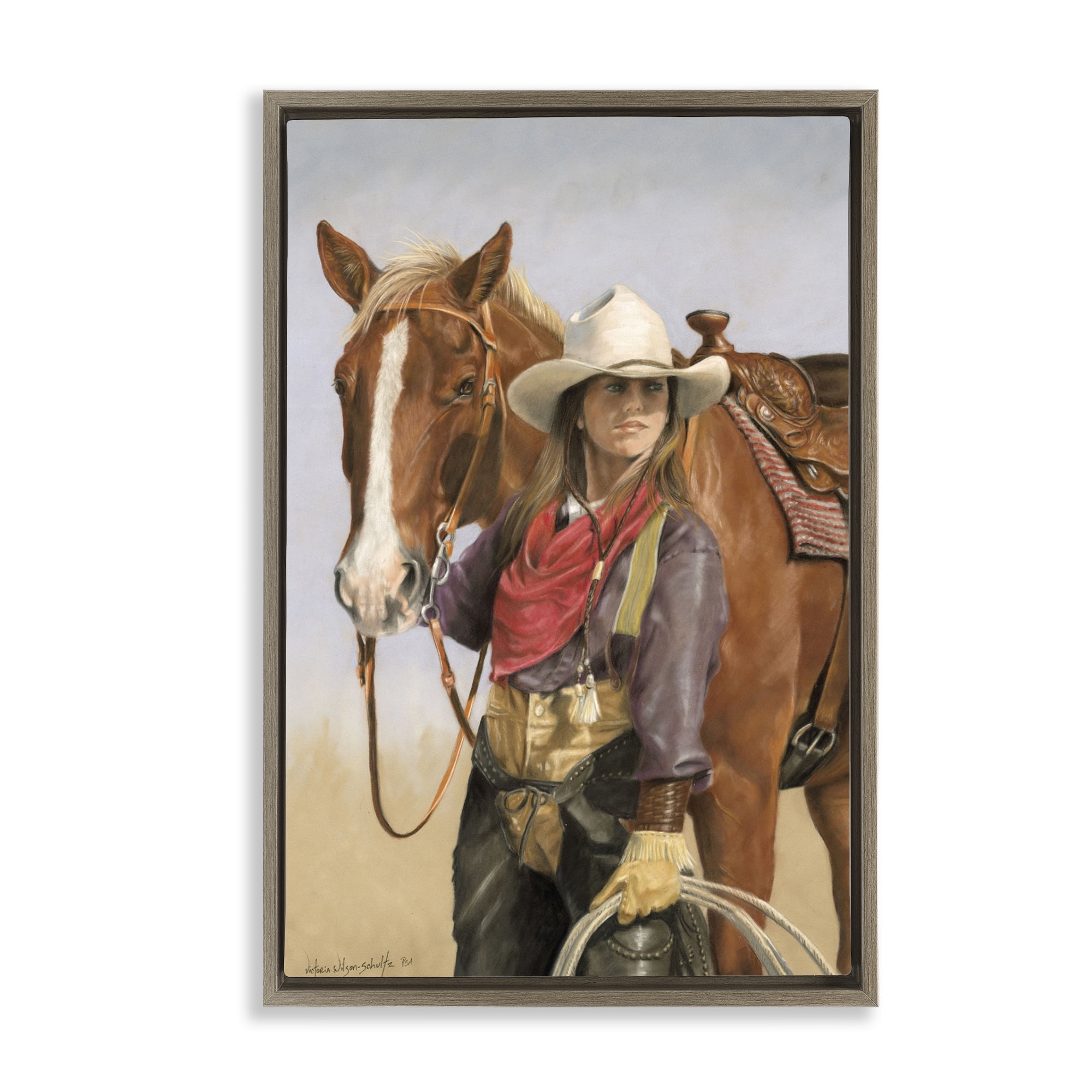 Stupell Industries Powerful Female Cowgirl Animals & Insects Painting Brown Floater Framed Canvas Art Print Wall Art, 21 x 31
