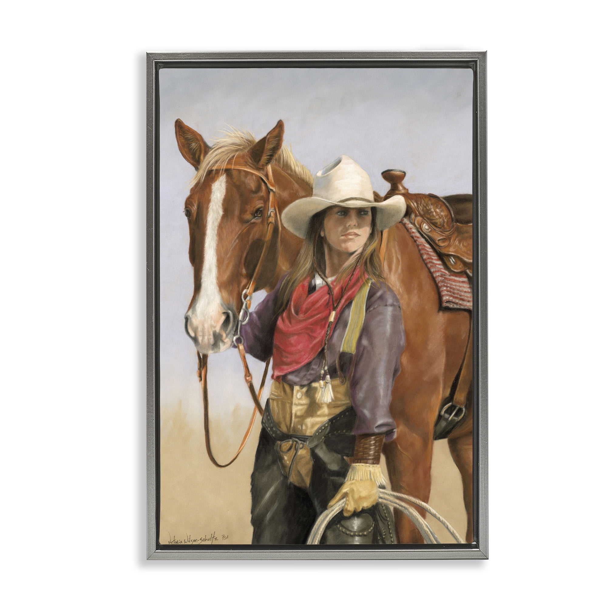 Stupell Industries Powerful Female Cowgirl Animals & Insects Painting Gray Floater Framed Canvas Art Print Wall Art, 21 x 31