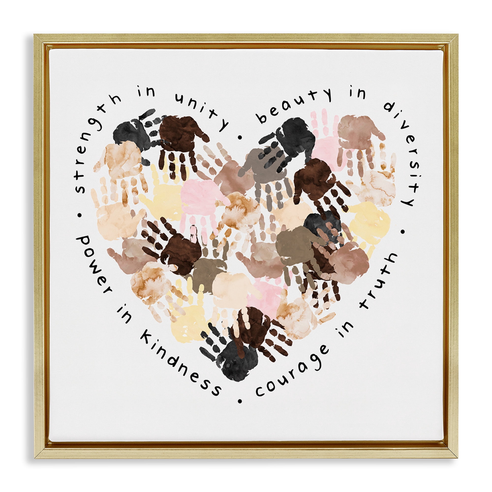 Stupell Industries Powerful Strength In Unity Heart Typography Painting Gold Floater Framed Canvas Art Print Wall Art, 18 x 18