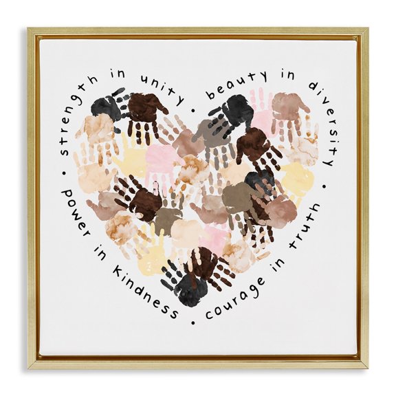 Stupell Industries Powerful Strength In Unity Heart Typography Painting Gold Floater Framed Canvas Art Print Wall Art, 18 x 18