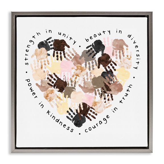 Stupell Industries Powerful Strength In Unity Heart Typography Painting Gray Floater Framed Canvas Art Print Wall Art, 25 x 25