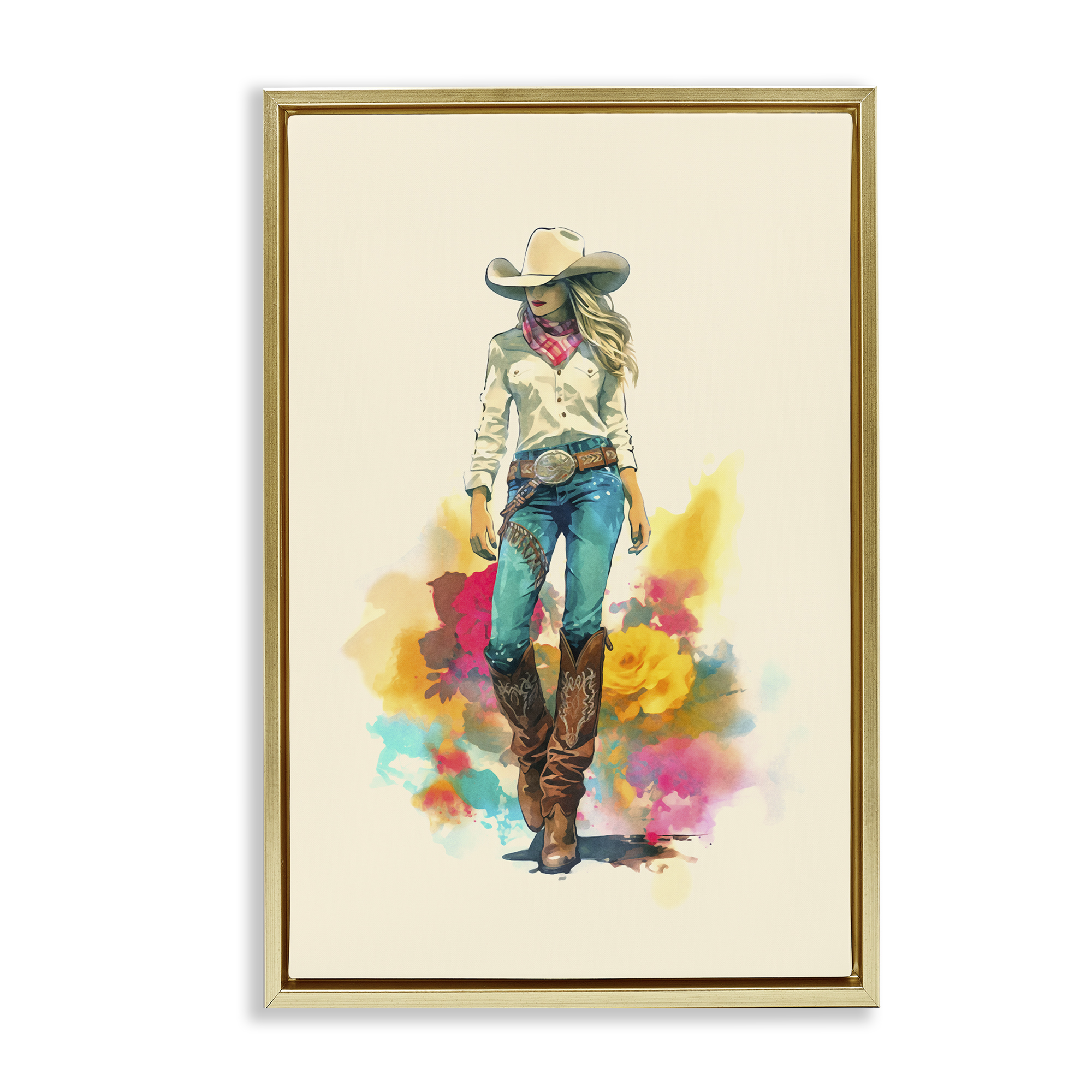 Stupell Industries Prairie Princess Cowgirl People Painting Gold Floater Framed Canvas Art Print Wall Art, 17 x 25