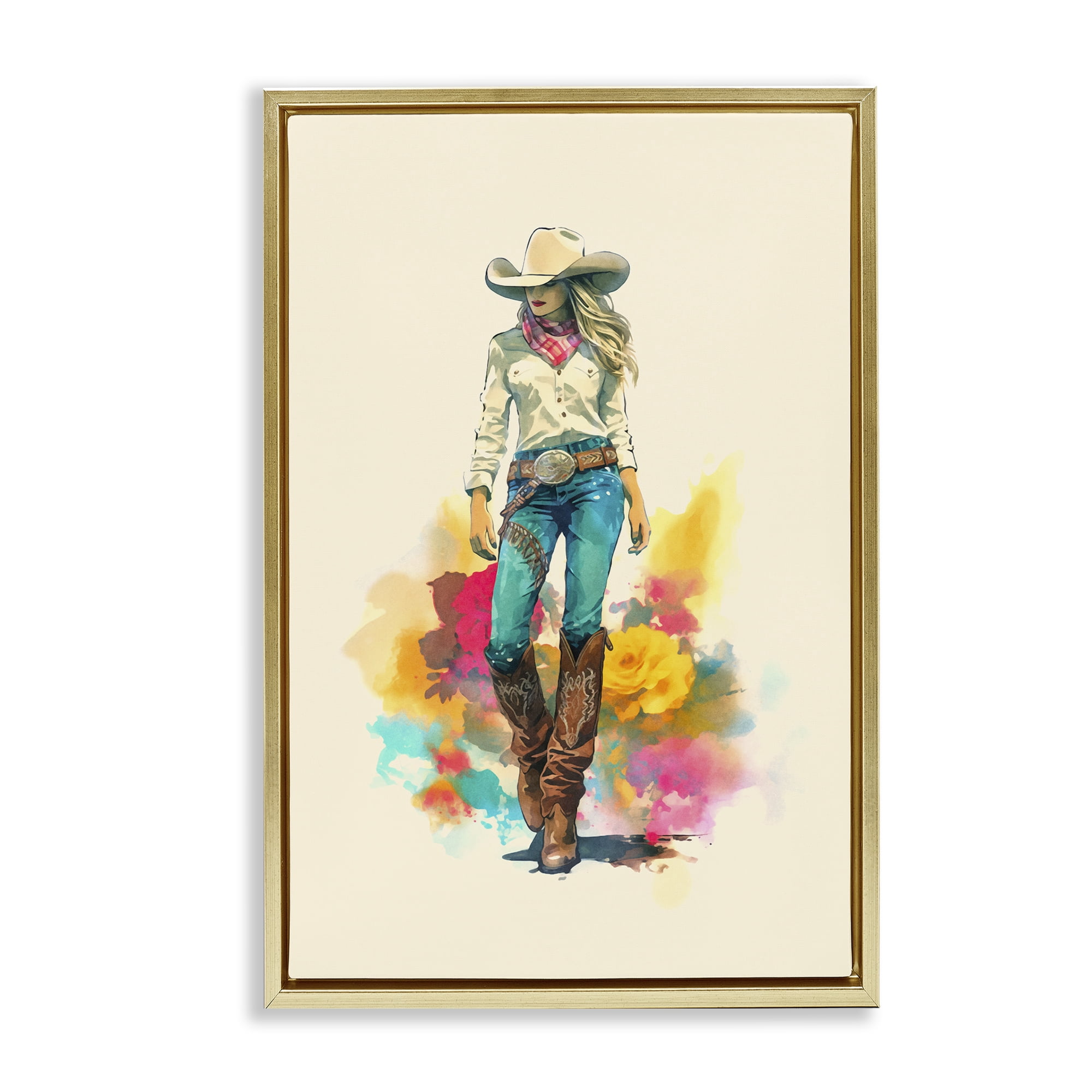 Stupell Industries Prairie Princess Cowgirl People Painting Gold Floater Framed Canvas Art Print Wall Art, 21 x 31