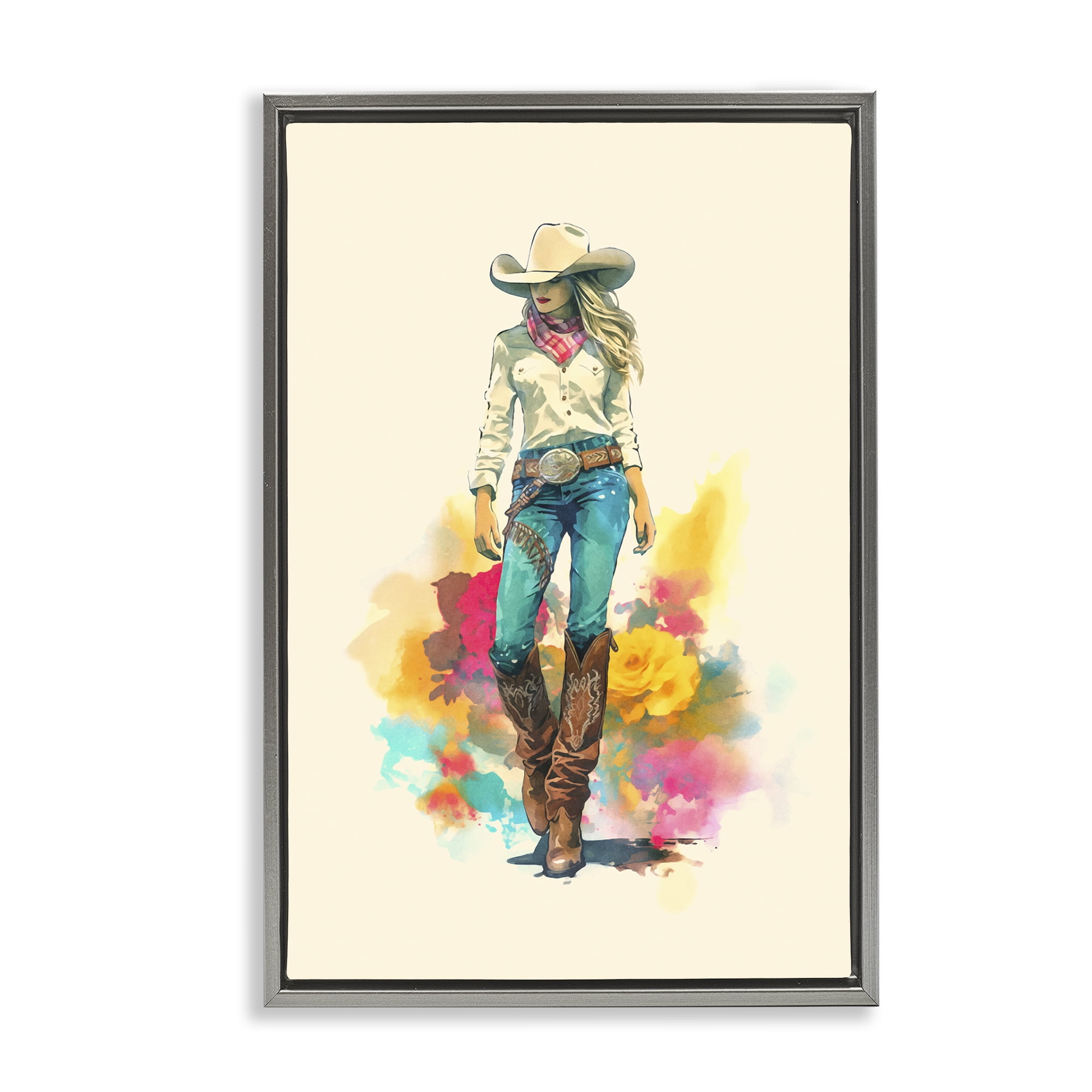 Stupell Industries Prairie Princess Cowgirl People Painting Gray Floater Framed Canvas Art Print Wall Art, 21 x 31