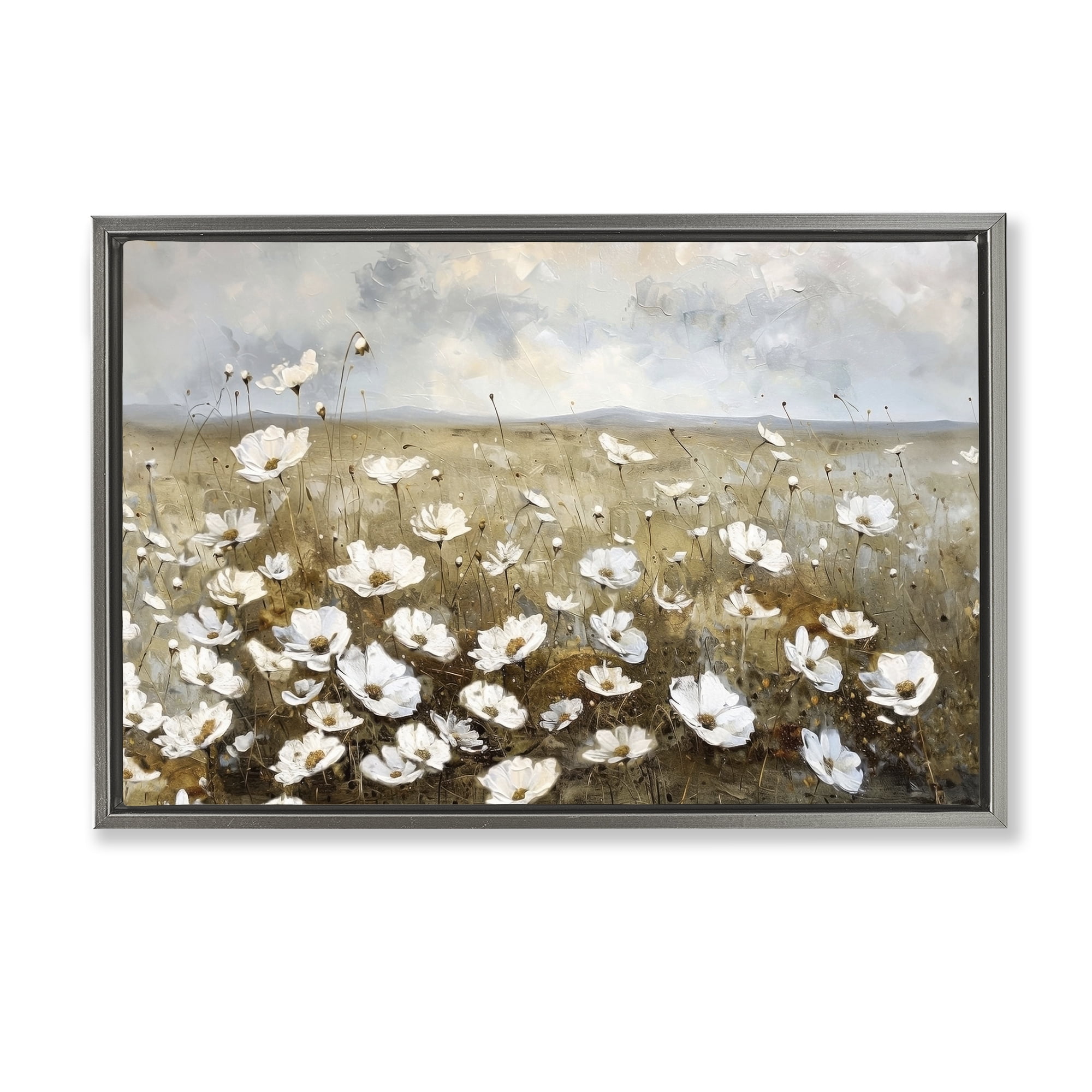 Stupell Industries Prairie Wildflower Field Landscape Painting Gray Floater Framed Canvas Art Print Wall Art, 31 x 21