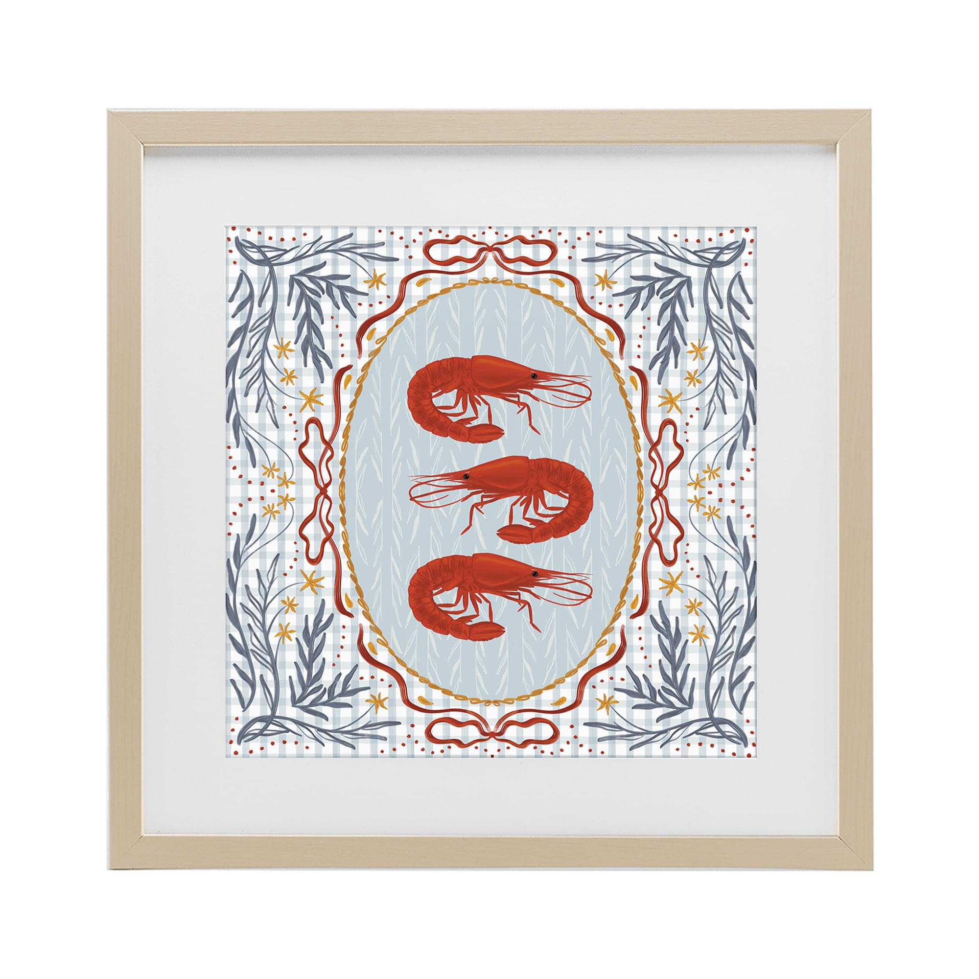 Stupell Industries Prawn Trio on Blue Gingham Birch Framed Print Under Glass, design by Vero Illustrates