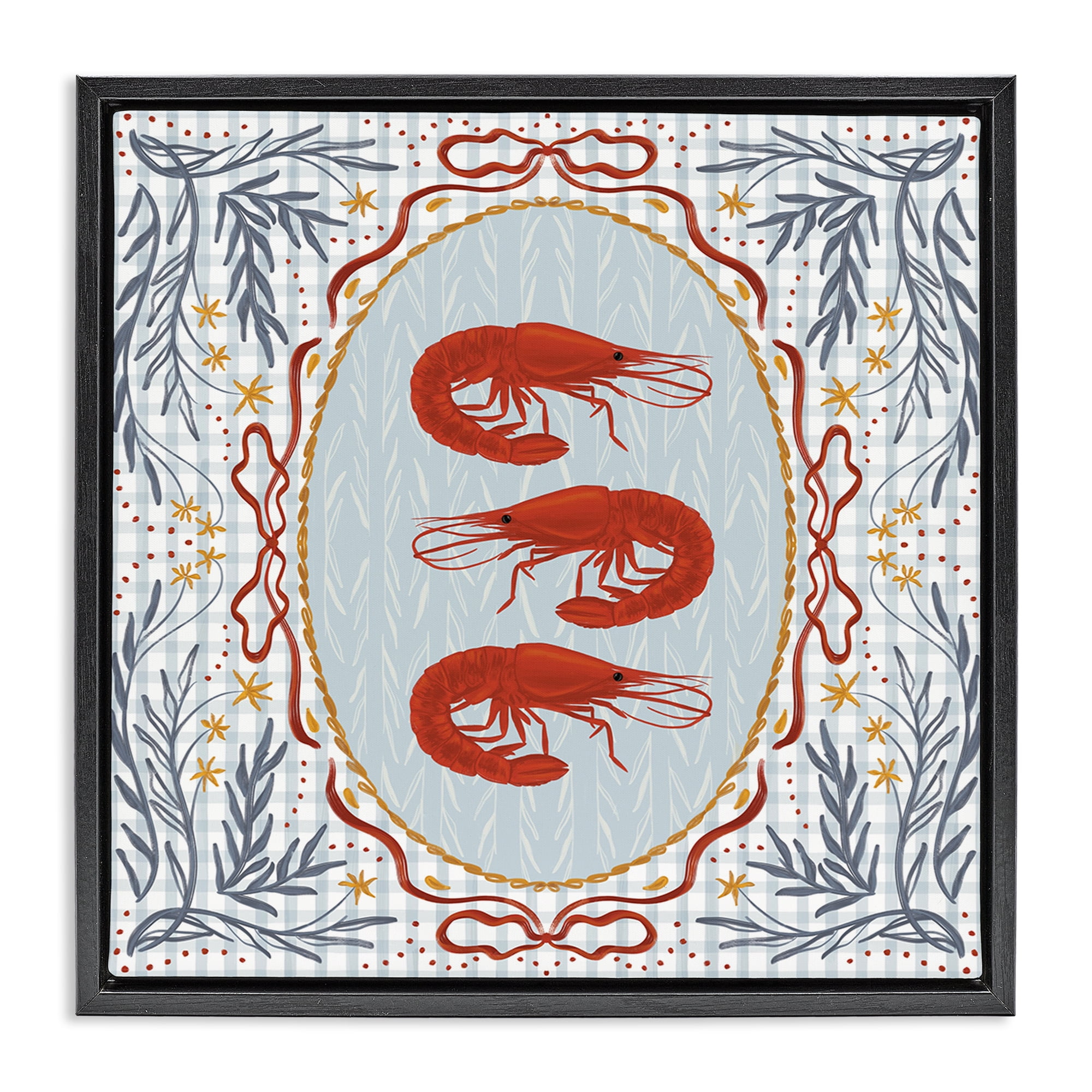 Stupell Industries Prawn Trio on Blue Gingham Black Framed Floater Canvas Wall Art, design by Vero Illustrates