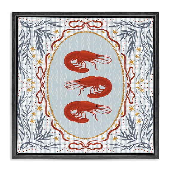 Stupell Industries French Country Prawn Trio on Blue Gingham Black Floating Frame Canvas Art, 18 x 18, by Vero Illustrates