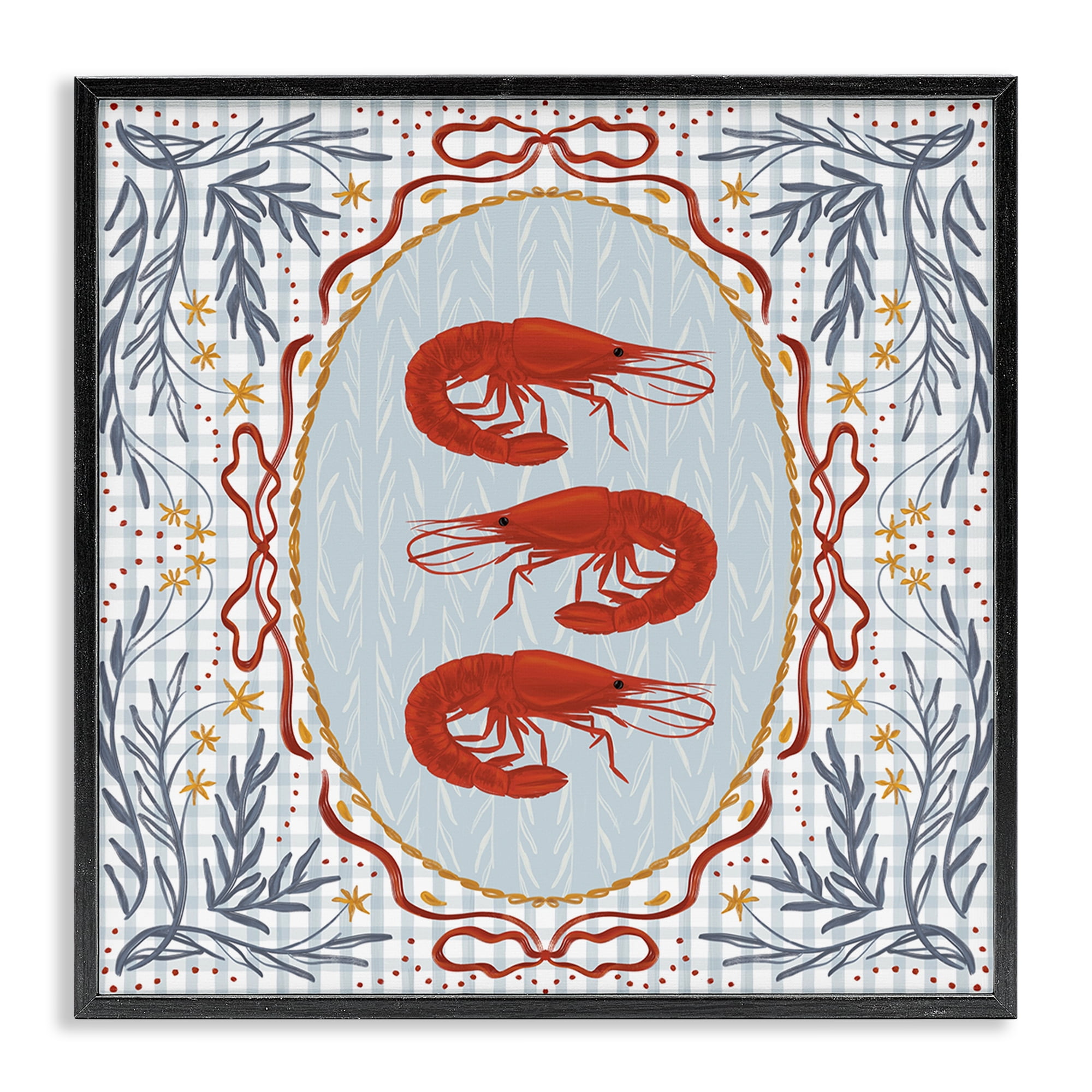 Stupell Industries Prawn Trio on Blue Gingham Black Framed Giclee Art, design by Vero Illustrates