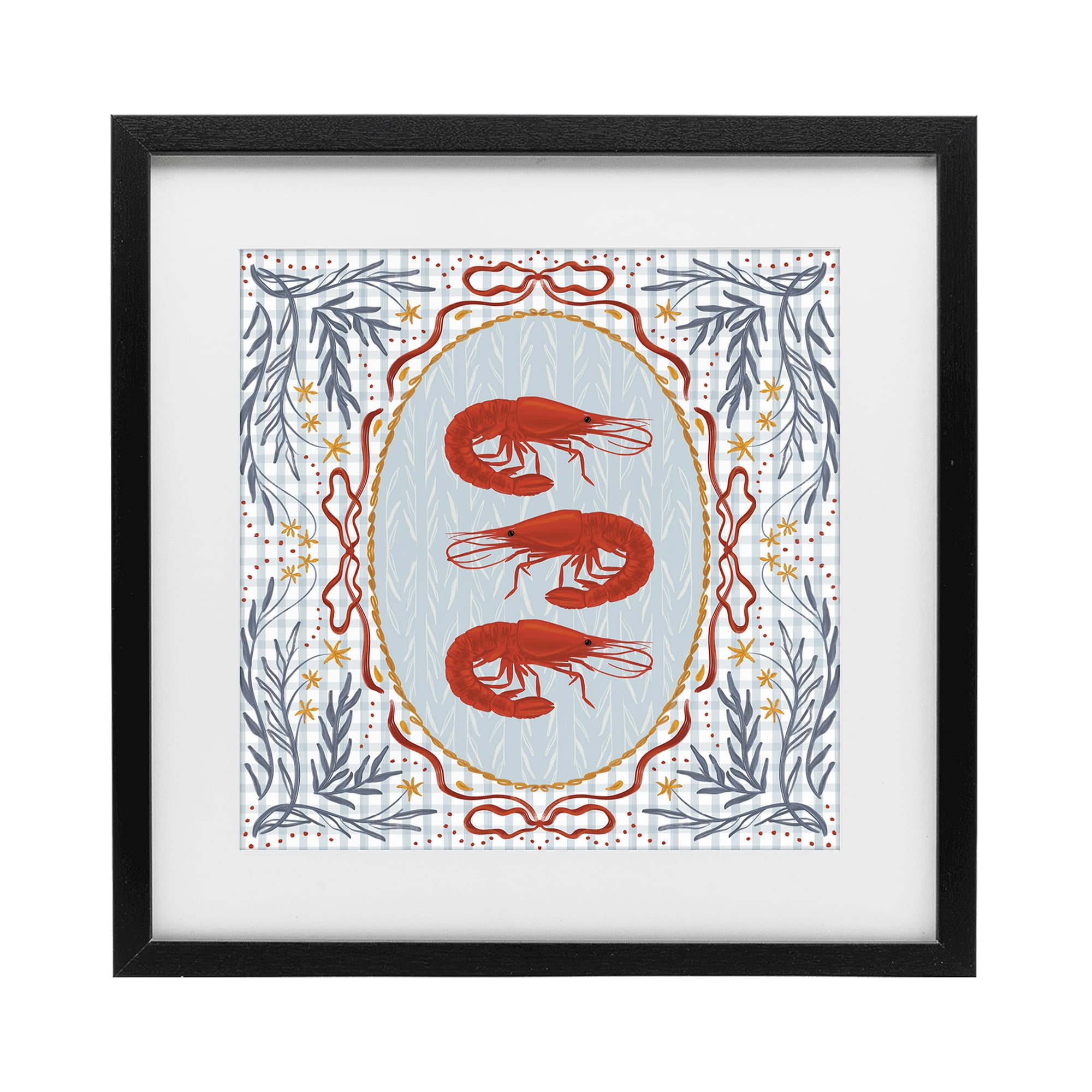 Stupell Industries Prawn Trio on Blue Gingham Black Framed Print Under Glass, design by Vero Illustrates