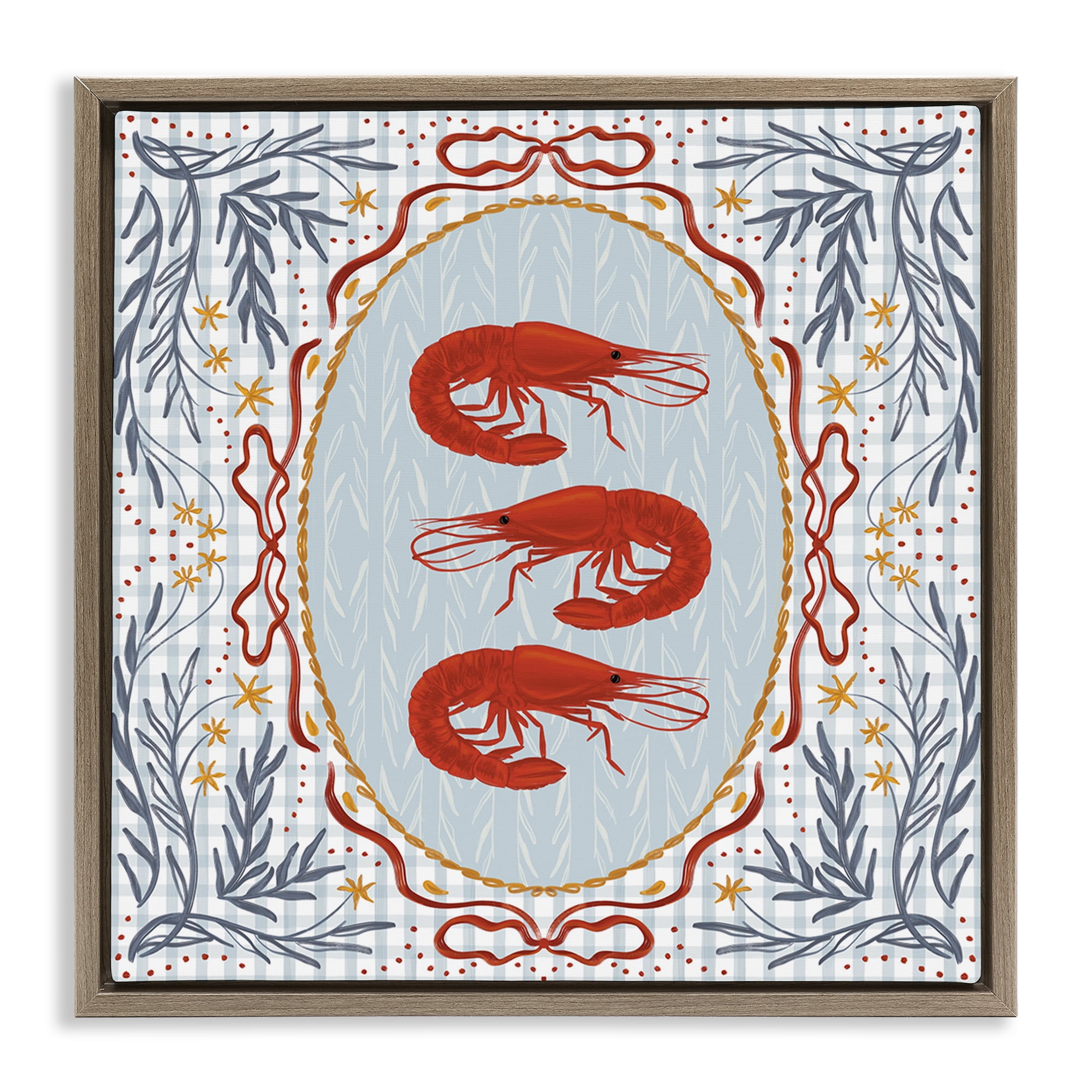 Stupell Industries Prawn Trio on Blue Gingham Brown Framed Floater Canvas Wall Art, design by Vero Illustrates