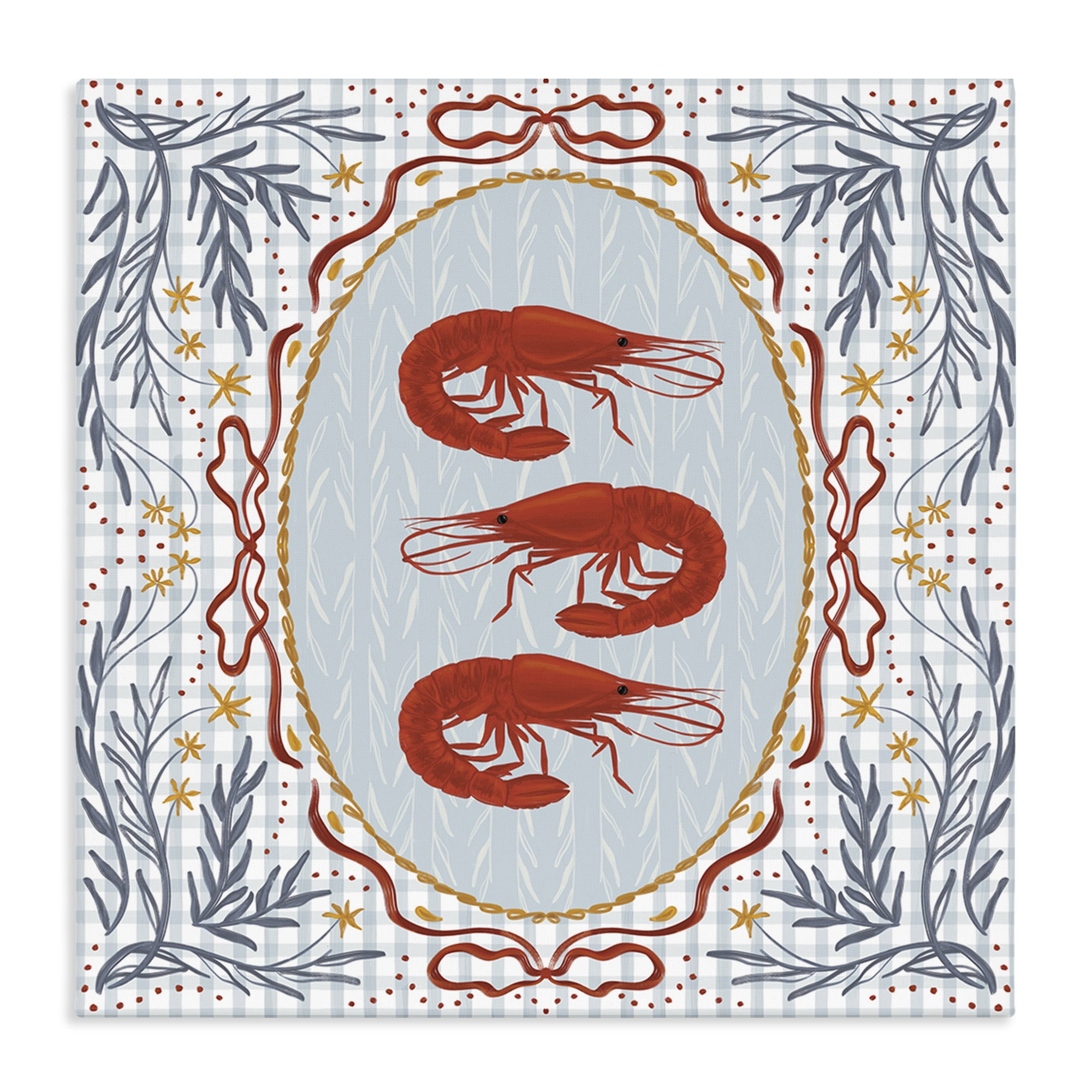 Stupell Industries Prawn Trio on Blue Gingham Canvas Wall Art, design by Vero Illustrates