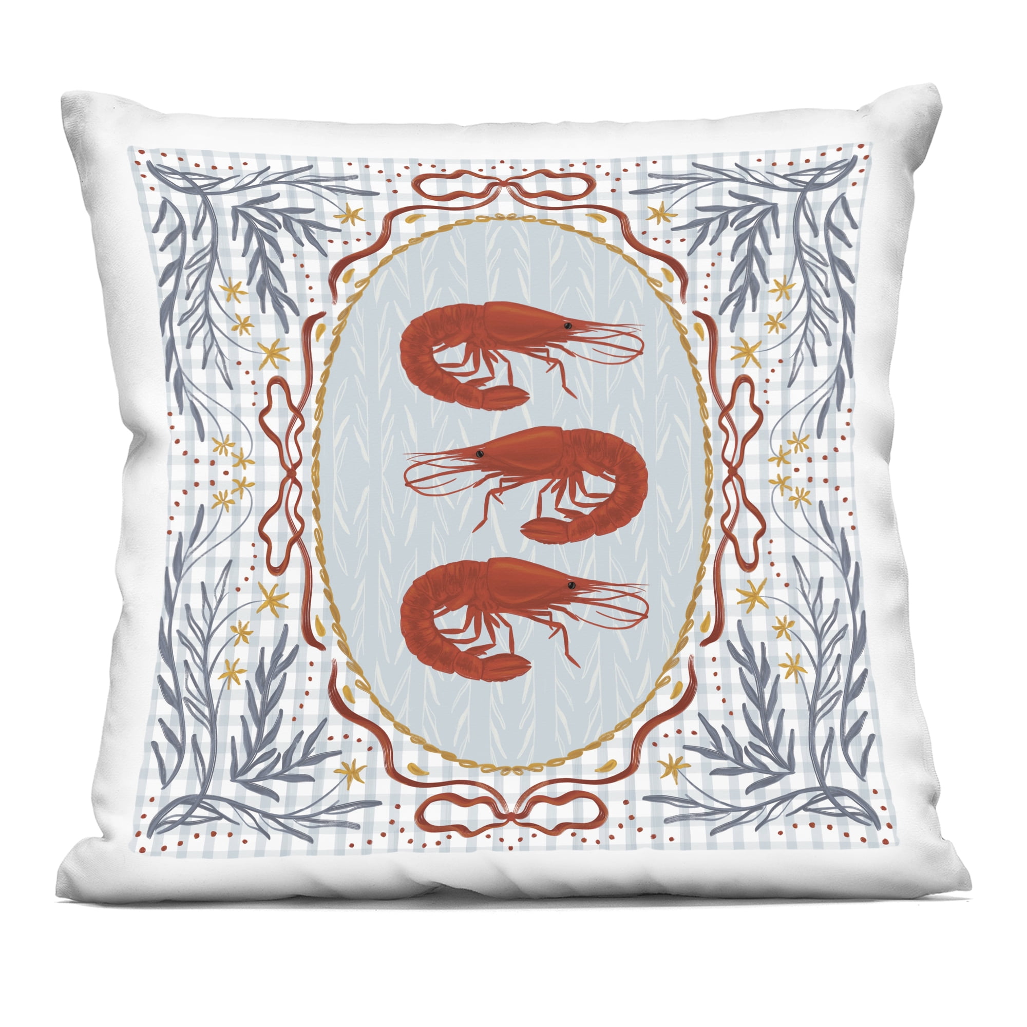 Stupell Industries Prawn Trio on Blue Gingham Decorative Printed Throw Pillow, design by Vero Illustrates, 18 x 7 x 18