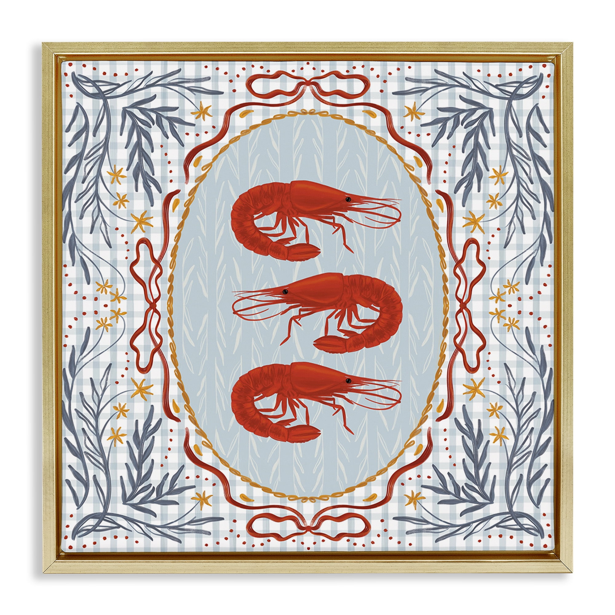 Stupell Industries Prawn Trio on Blue Gingham Gold Framed Floater Canvas Wall Art, design by Vero Illustrates